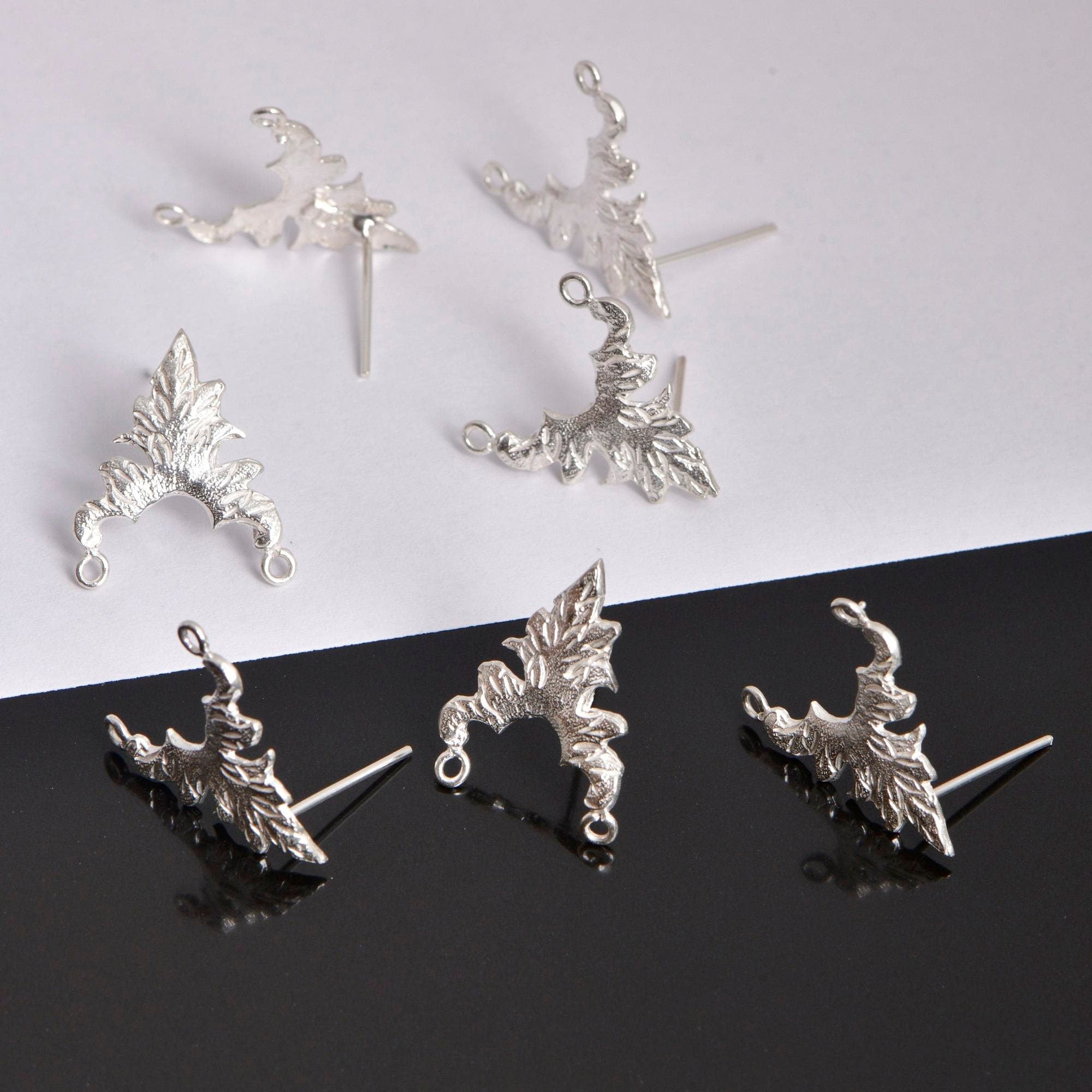 925 Silver Flower Earring Posts, Solid Silver Leaf Stud Earrings with Hoops, Earring Stud Components, Jewelry Making Findings, S42