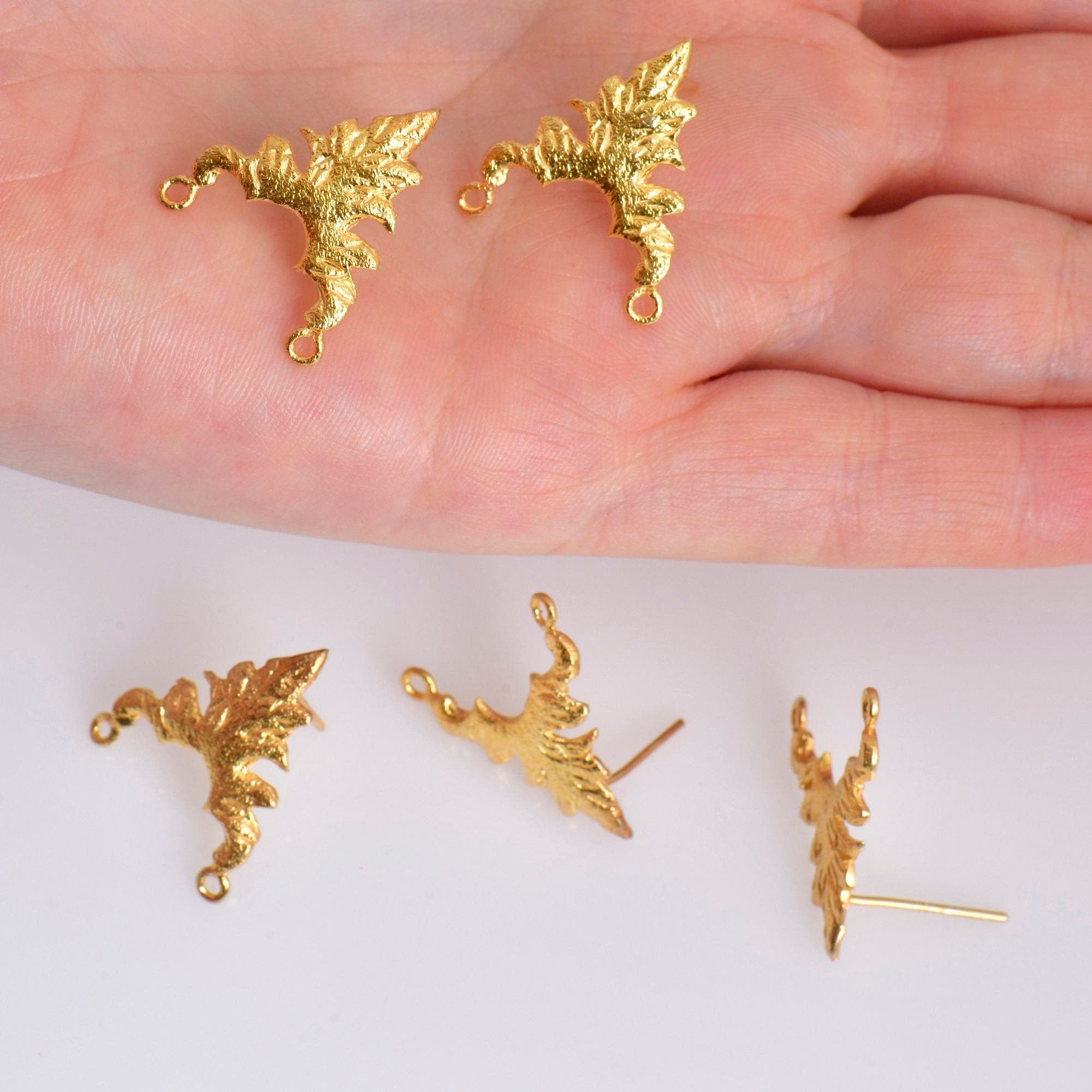 24K Gold Vermeil Flower Earring Posts, 925 Solid Silver Leaf Stud Earrings with Hoops, Jewelry Making Findings, S42V