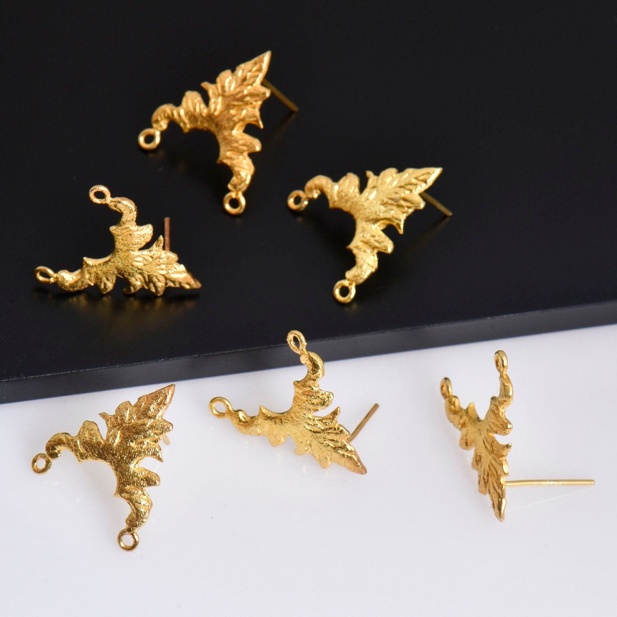 24K Gold Vermeil & 925 Silver Flower Earring Posts, Silver Leaf Stud Earrings with Hoops, Jewelry Making Findings, S42V/S42