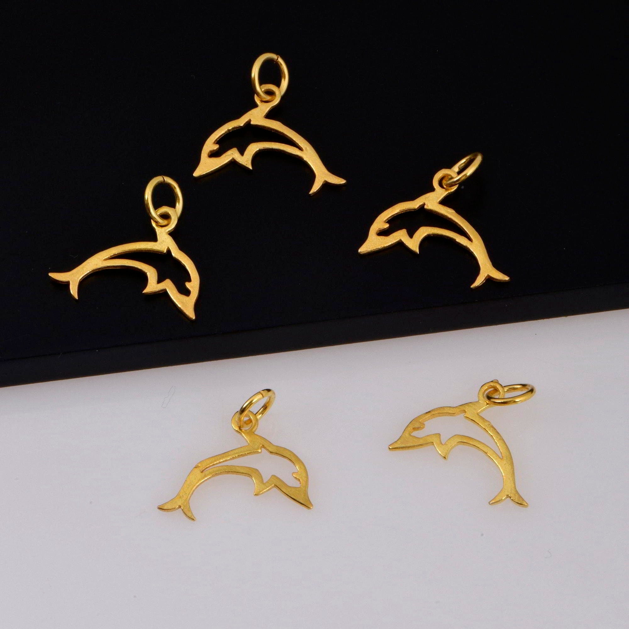 925 Sterling Silver & 24K Gold Vermeil Dolphin Dangle Charm, Fish Dangle Charm, Necklace Charm, Earrings, Jewelry Findings, S11V\S11