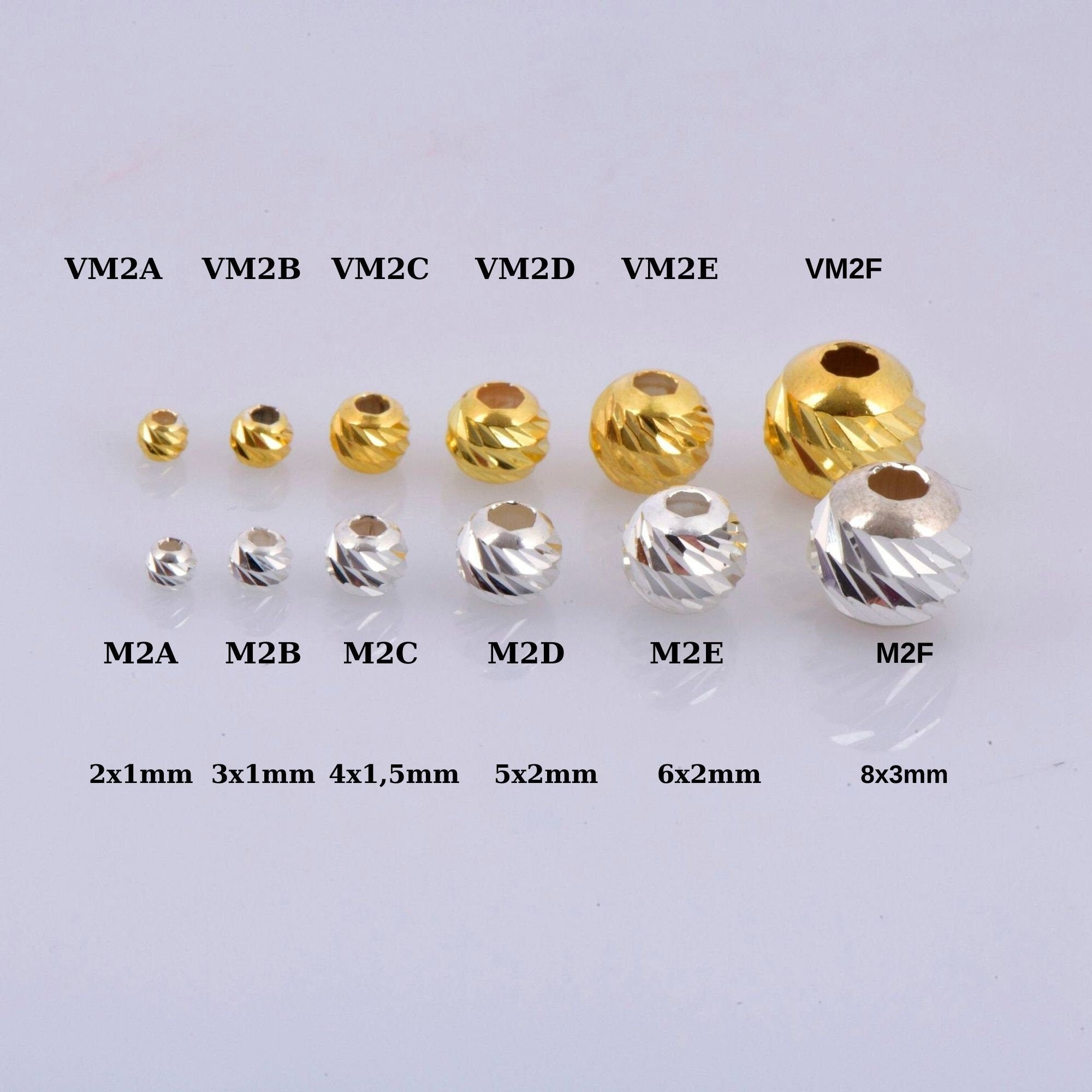 925 Silver & 24K Gold Diamond Cut Round Beads, Laser Multi Diamond Cut Beads, Moon Cut Spacer Beads, Jewelry Supplies, VM2/M2 A-F