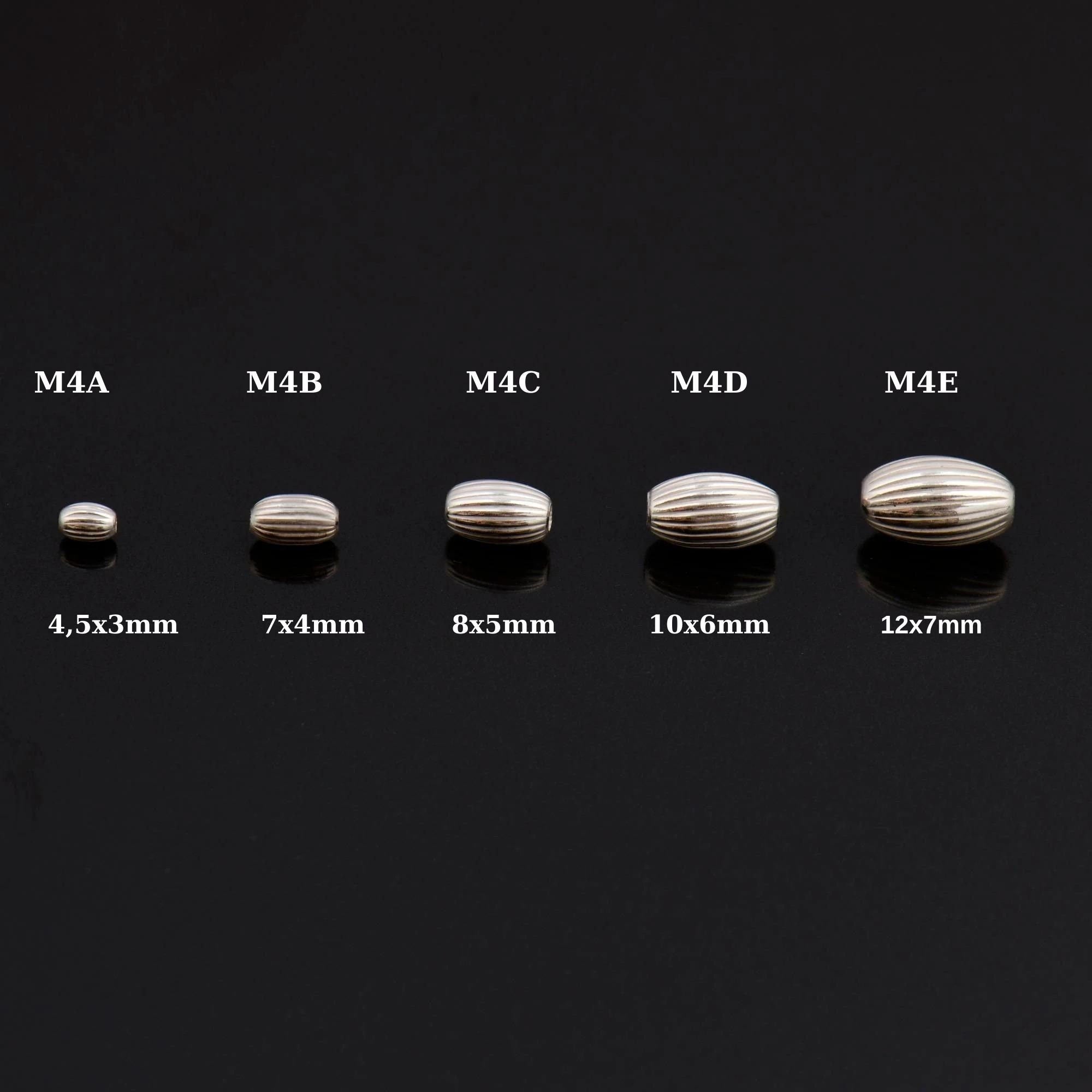 925 Sterling Silver Corrugated Oval Beads, Solid Seamless Oval Beads, Silver Olive Shape Beads, Barrel Shape Jewelry Craft Supplies, M4 A-E