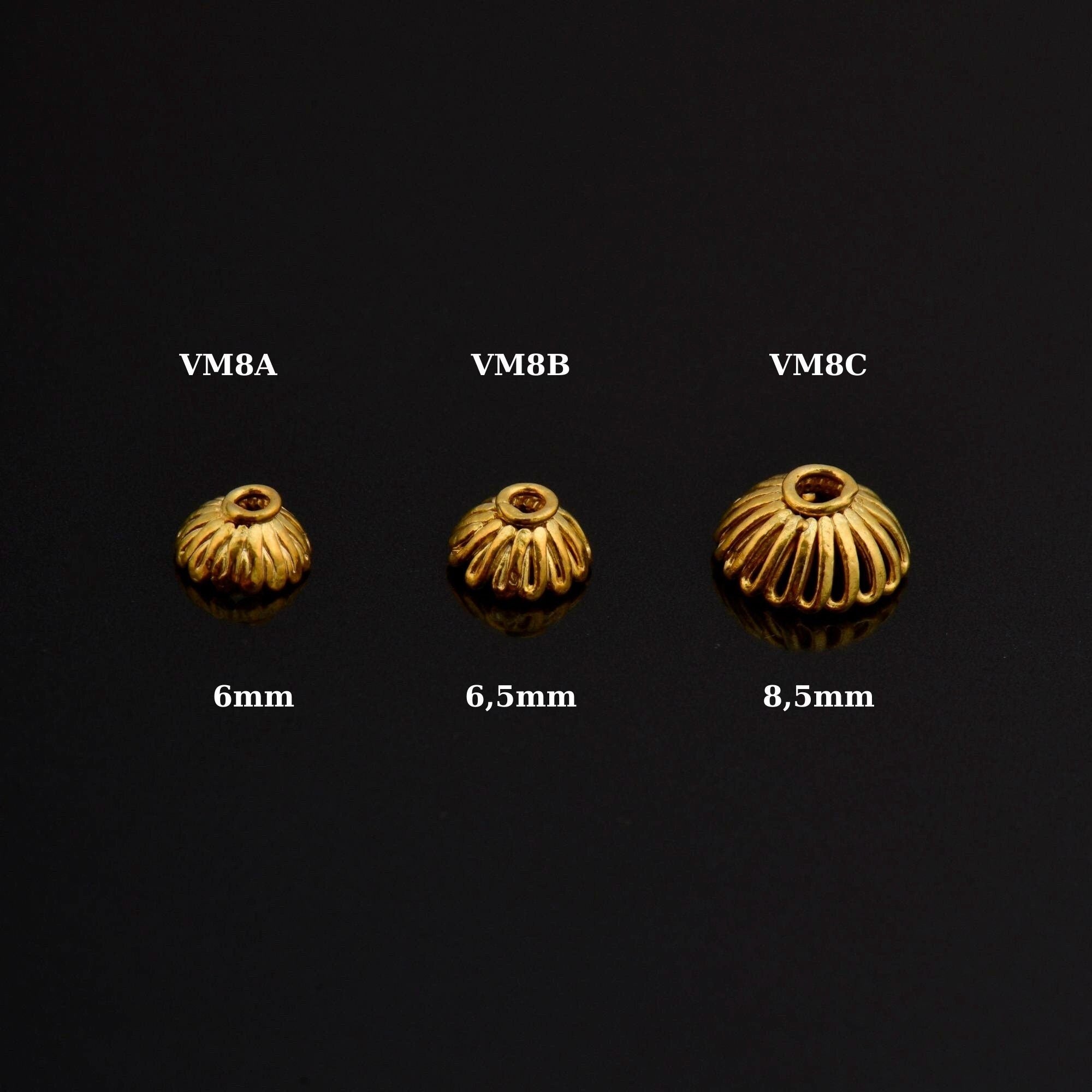 24K Gold Vermeil 6mm to 8mm Bead Caps, Gold Plated Bead Caps, 925 Silver Bead Caps in Gold, Spacer Bead Caps, Jewelry Supplies, VM8A-B-C