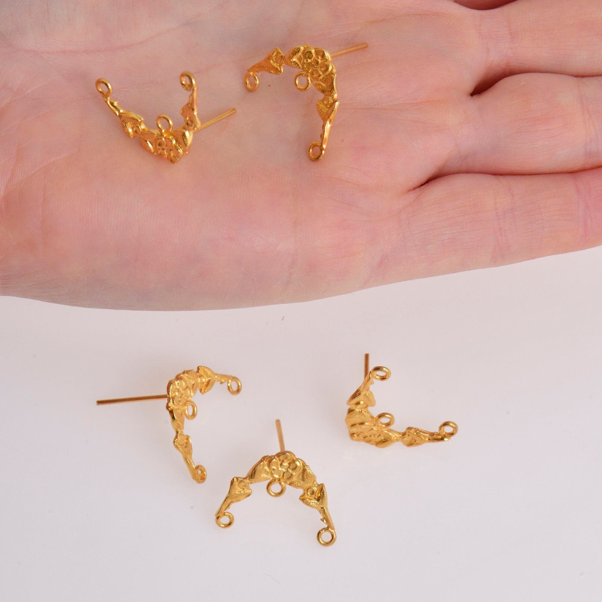 24K Gold Vermeil Flower Earring Posts, 925 Solid Silver Daisy Stud Earrings with Hoops, Jewelry Making Findings, S41V