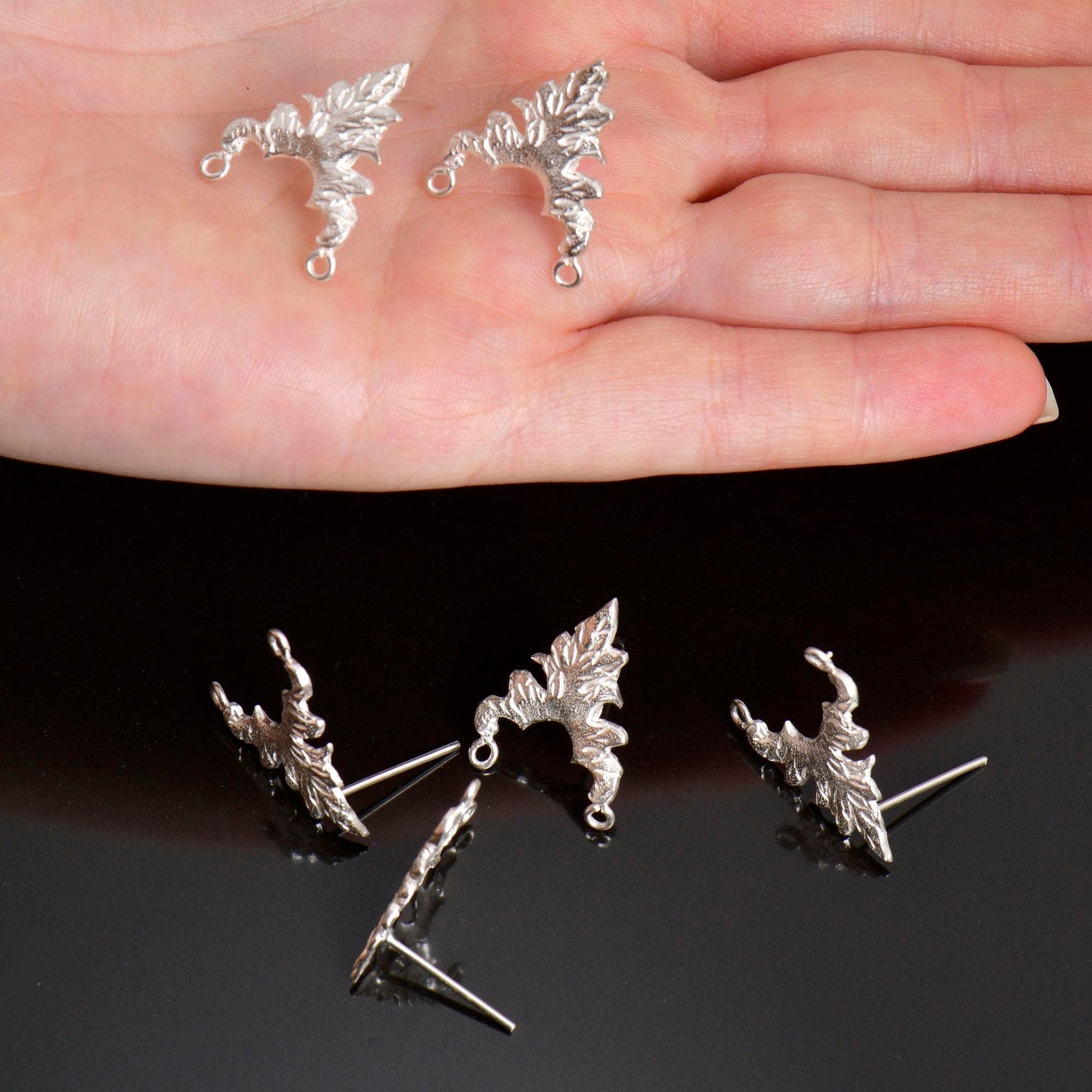 925 Silver Flower Earring Posts, Solid Silver Leaf Stud Earrings with Hoops, Earring Stud Components, Jewelry Making Findings, S42