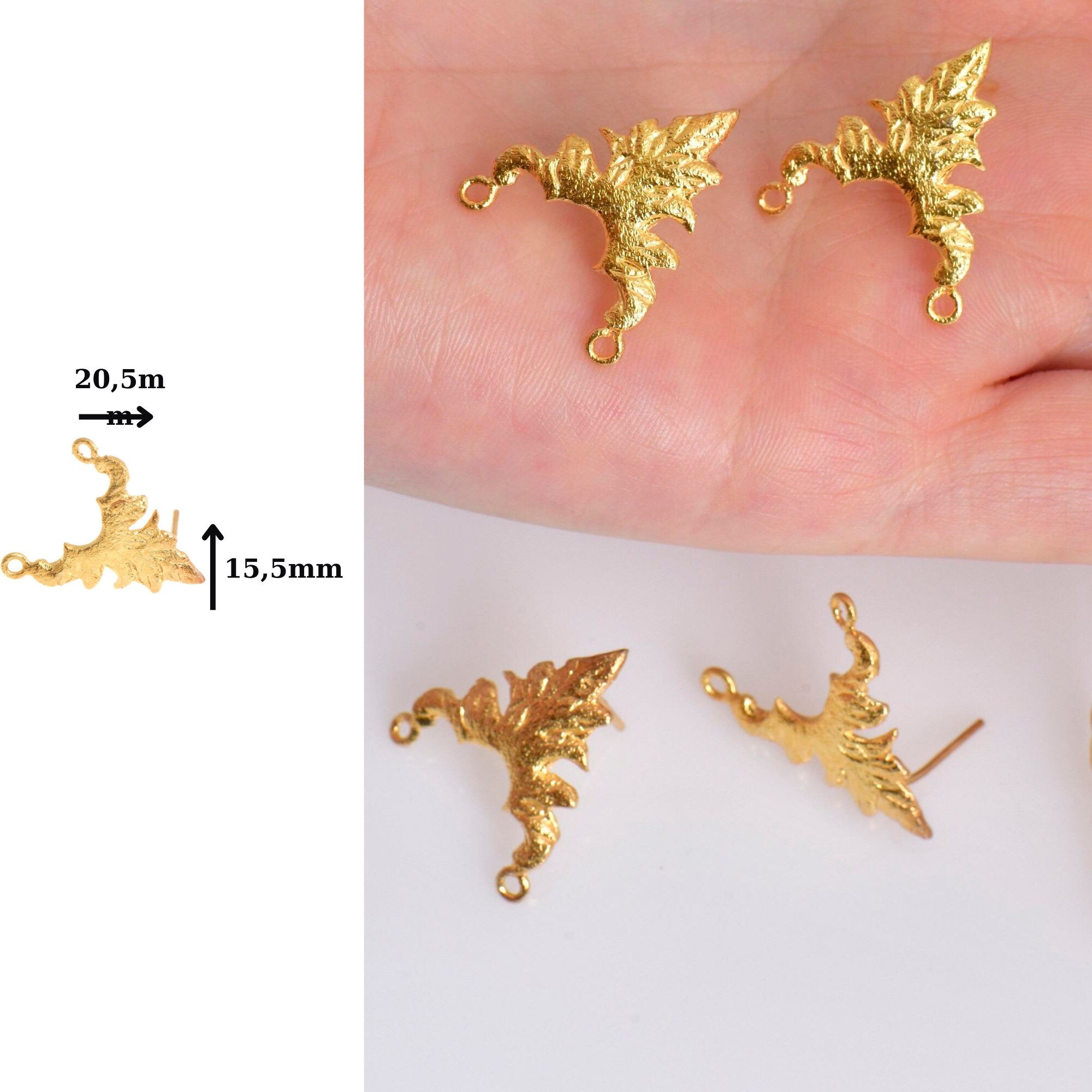 24K Gold Vermeil Flower Earring Posts, 925 Solid Silver Leaf Stud Earrings with Hoops, Jewelry Making Findings, S42V