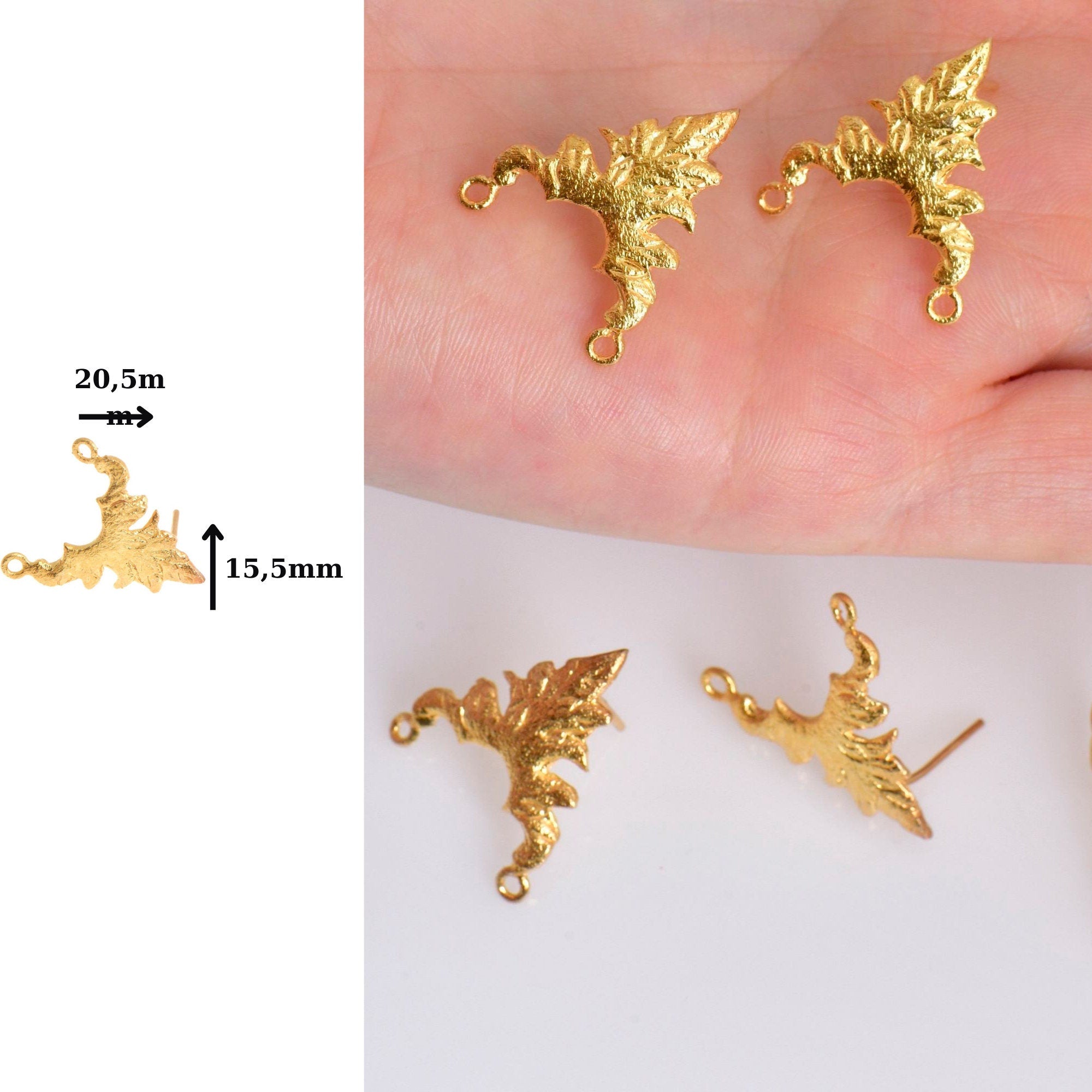 24K Gold Vermeil & 925 Silver Flower Earring Posts, Silver Leaf Stud Earrings with Hoops, Jewelry Making Findings, S42V/S42
