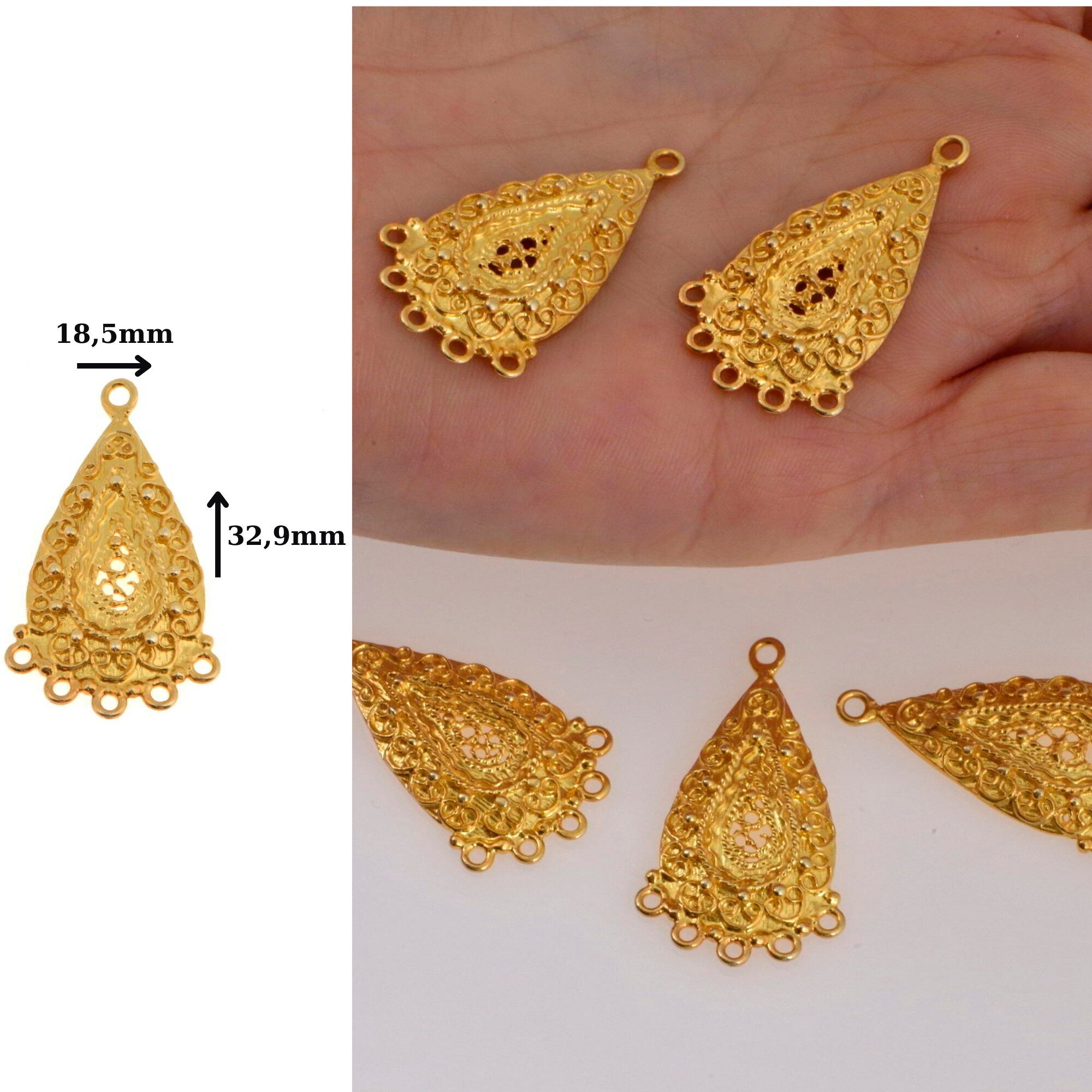 24K Gold Vermeil Chandelier Earring Component, Pendants, Gold Plated 925 Sterling Silver Chandelier Connectors, Jewelry Findings, S48V