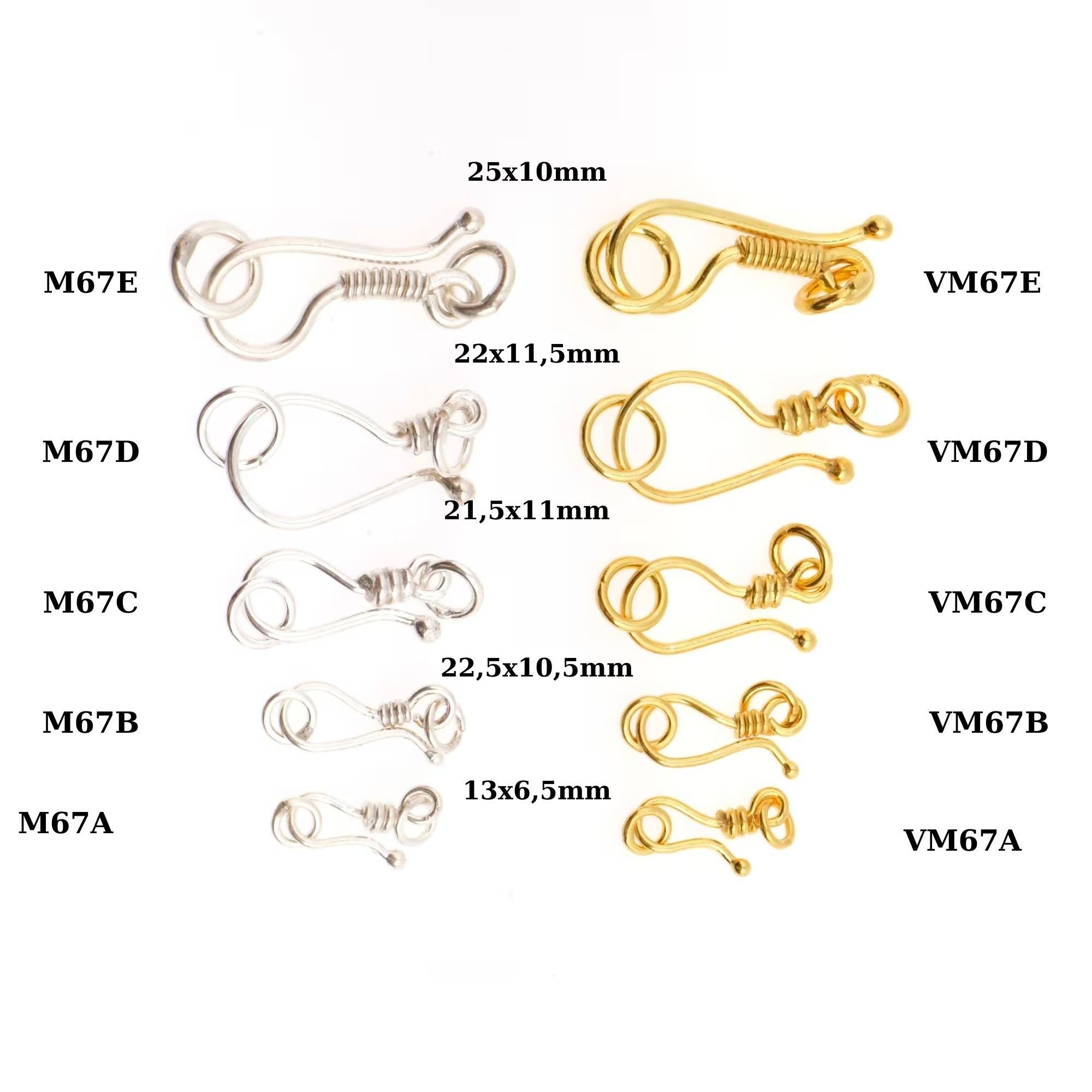24K Gold Vermeil & 925 Silver S Hook Clasps with Ring, Silver Hook Clasps, Gold Plated S Connectors, Jewelry Findings, M/VM67A-E