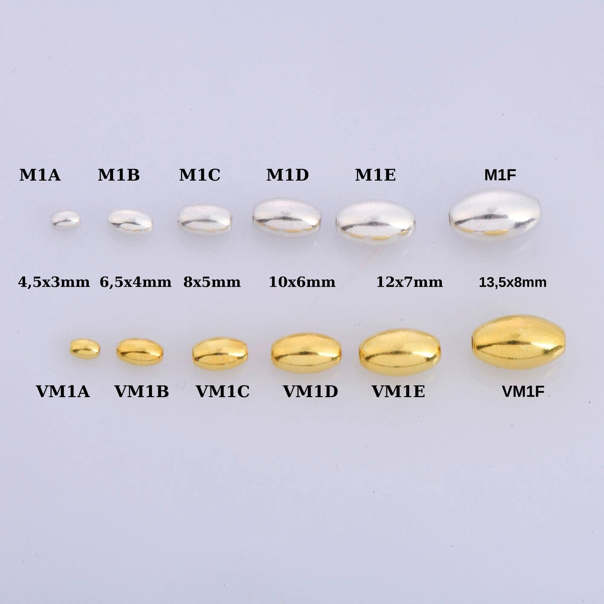 925 Silver & 24K Gold Vermeil Seamless Oval Beads, Rice Shape Beads, Smooth Seamless Olive Beads, Jewelry Supplies, Findings, VM1/M1 A-F