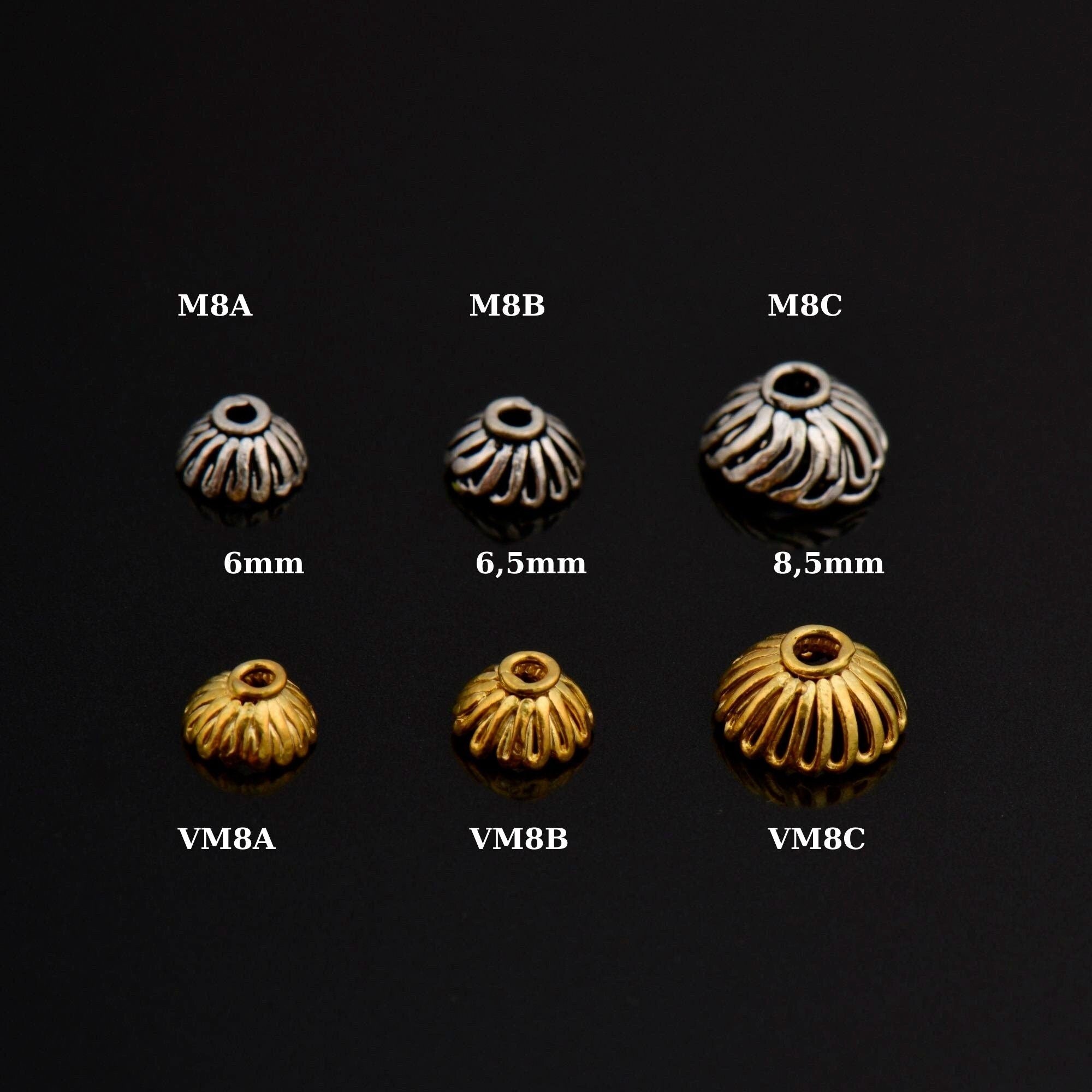 925 Sterling Silver & 24K Gold Vermeil 6mm to 8.5mm Bead Caps, Silver Bead Caps in Gold, Gold Plated Bead Caps, Spacer Bead Caps, V/M8A-B-C