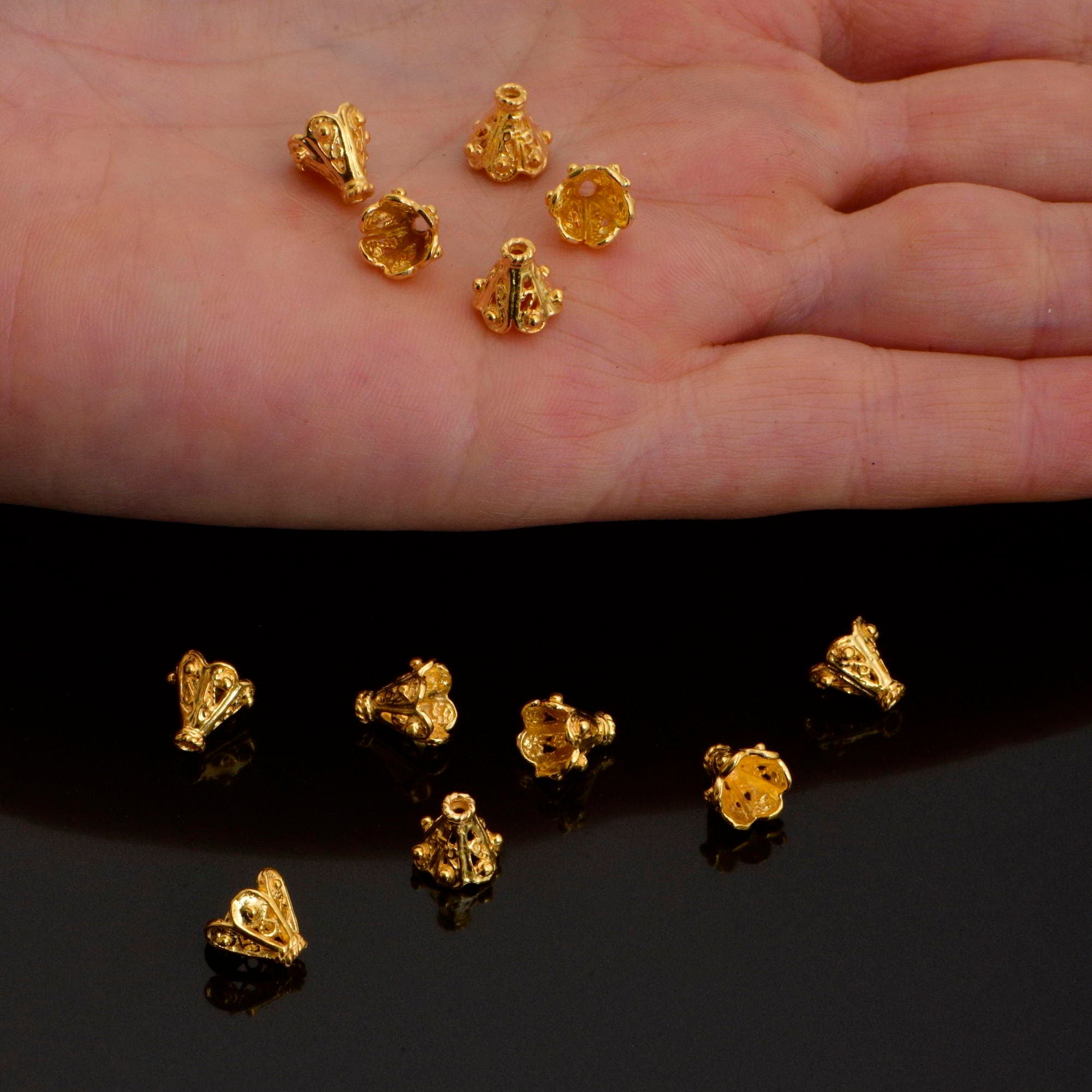 24K Gold Vermeil and 925 Silver Filigree Bead Caps, Handmade Bead Caps, Flower Bead Caps, Spacer Bead Caps, Jewelry Supplies, M/VM83