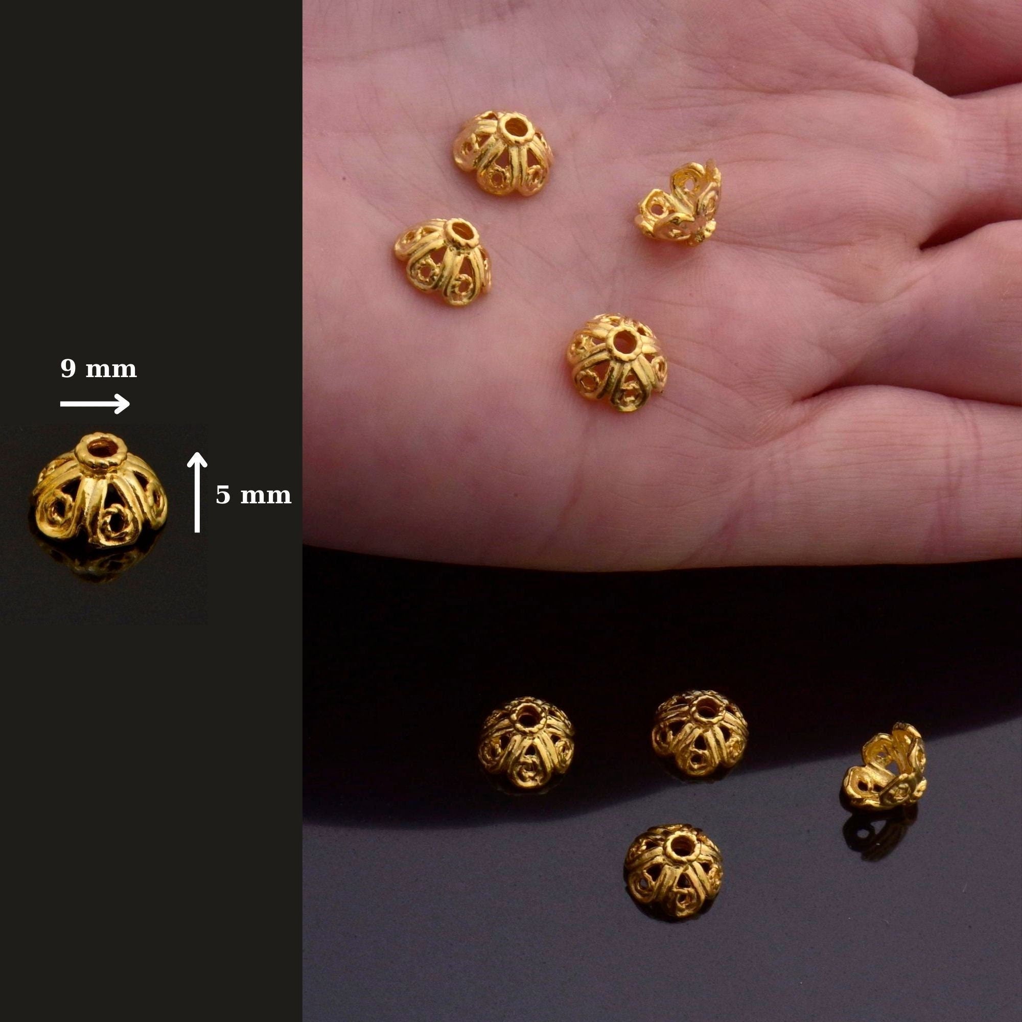 24K Gold Vermeil Filigree Bead Caps, Handmade Silver Bead Caps in 24K Gold, 925 Silver Bead Caps, Spacer Bead Caps, Jewelry Supplies, VM90