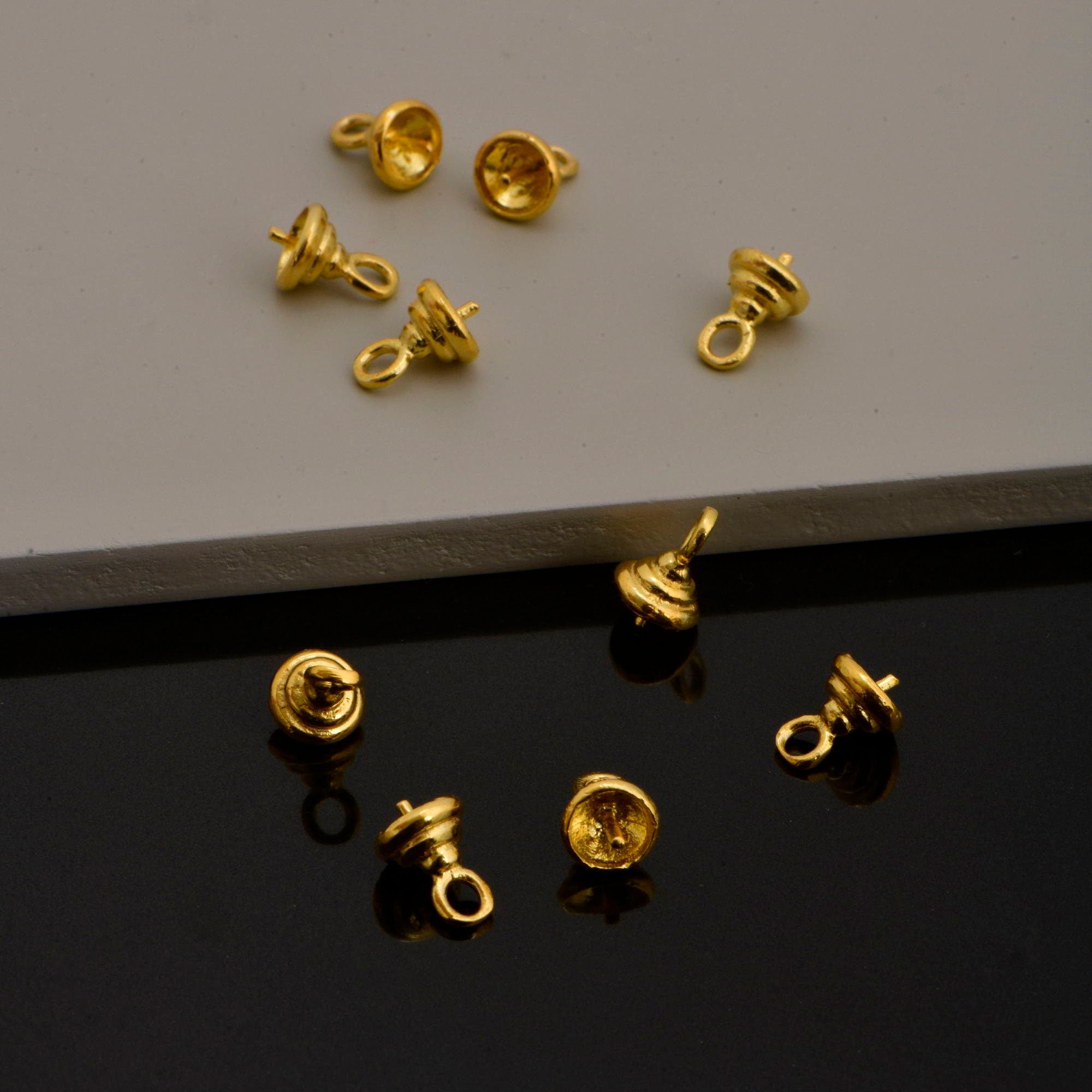 925 Sterling Silver and 24 K Gold Vermeil Peg Bail Hand Made Bead Caps for Half Drilled Beads, Jewelry Supplies, M/VM76