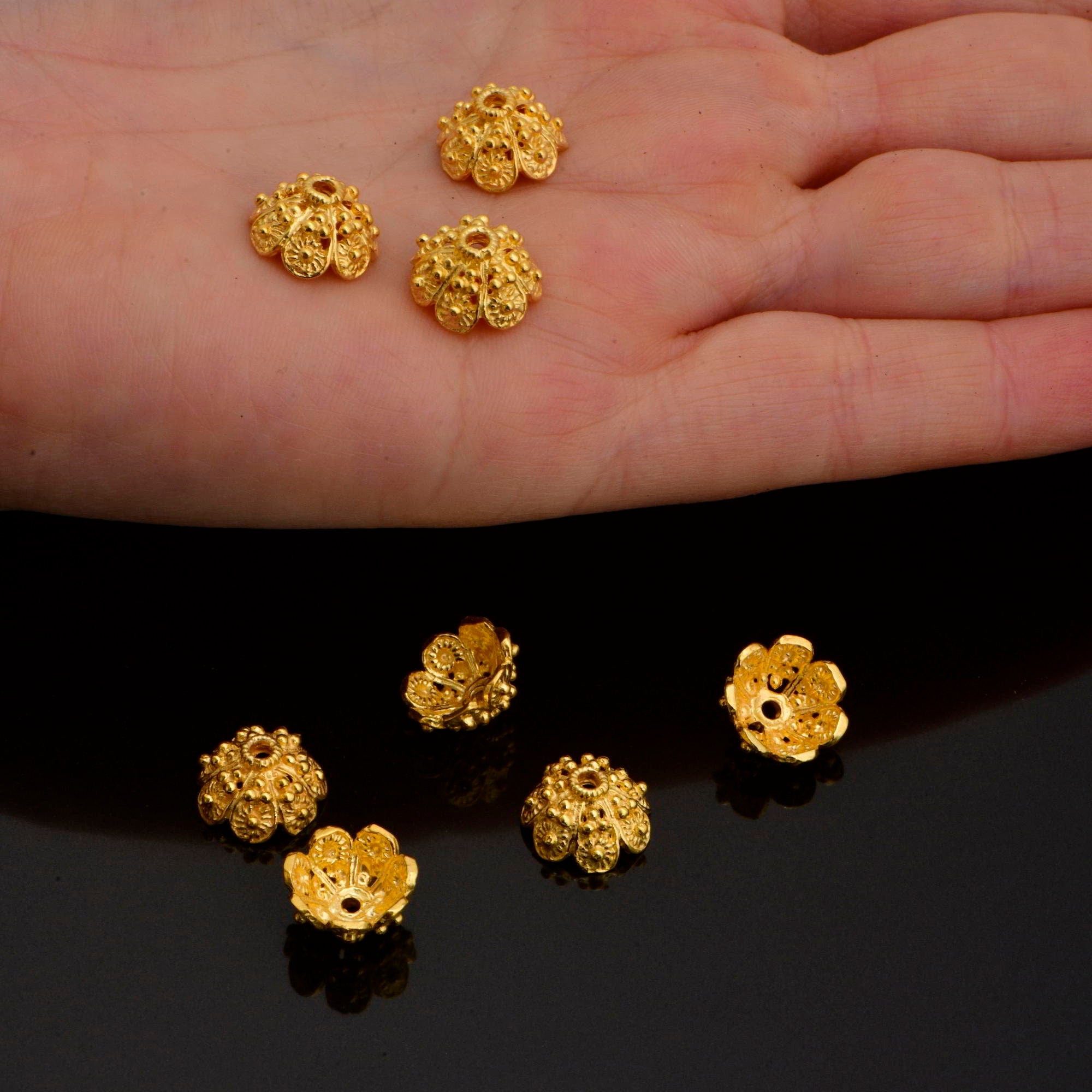 24K Gold Vermeil Filigree Bead Caps, Handmade Silver Bead Caps in 24K Gold, 925 Silver Bead Caps, Spacer Bead Caps, Jewelry Supplies, VM85