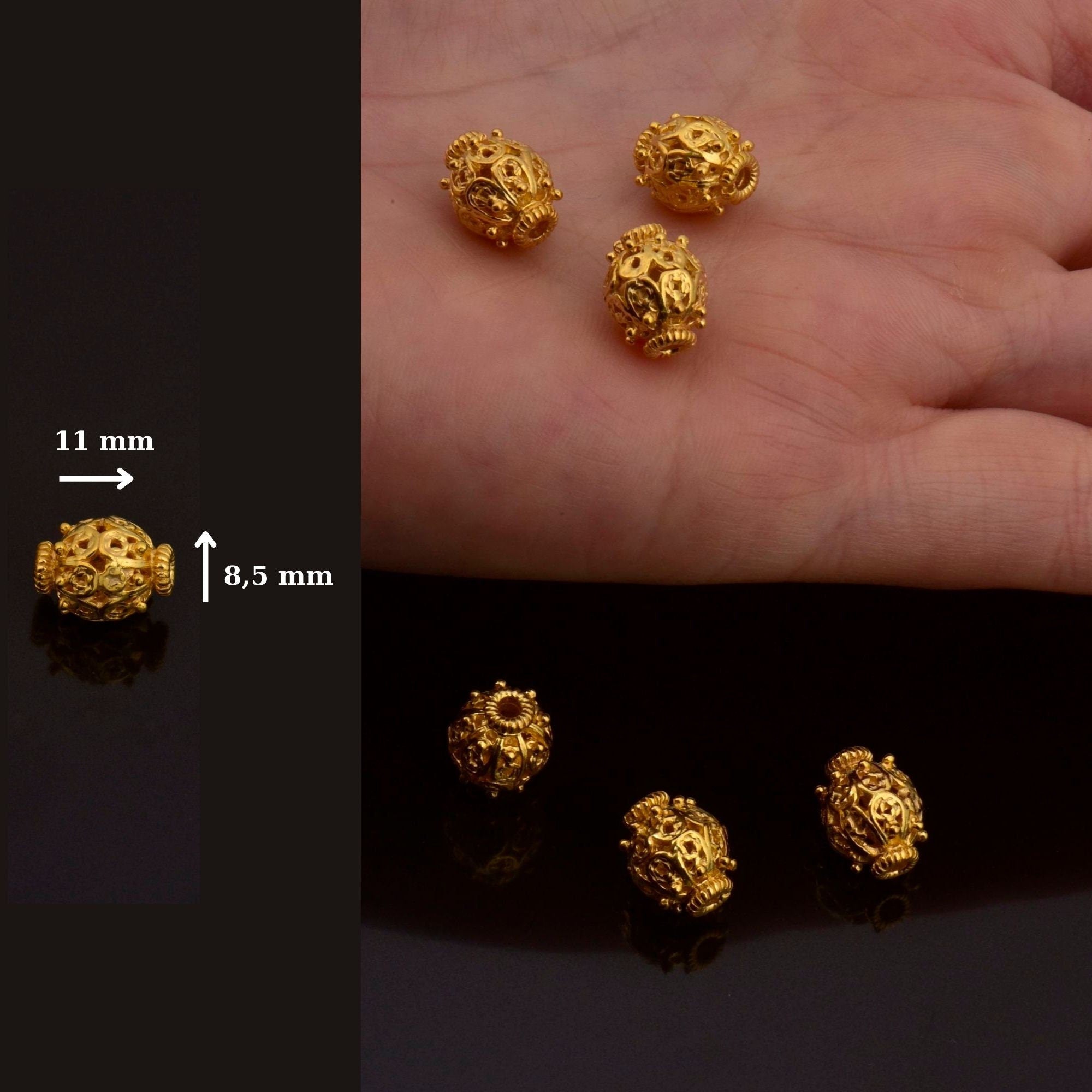 24K Gold Vermeil Filigree Beads, Handmade Silver Beads in 24K Gold, 925 Solid Silver Beads, Spacer Beads, Jewelry Supply, VM109A