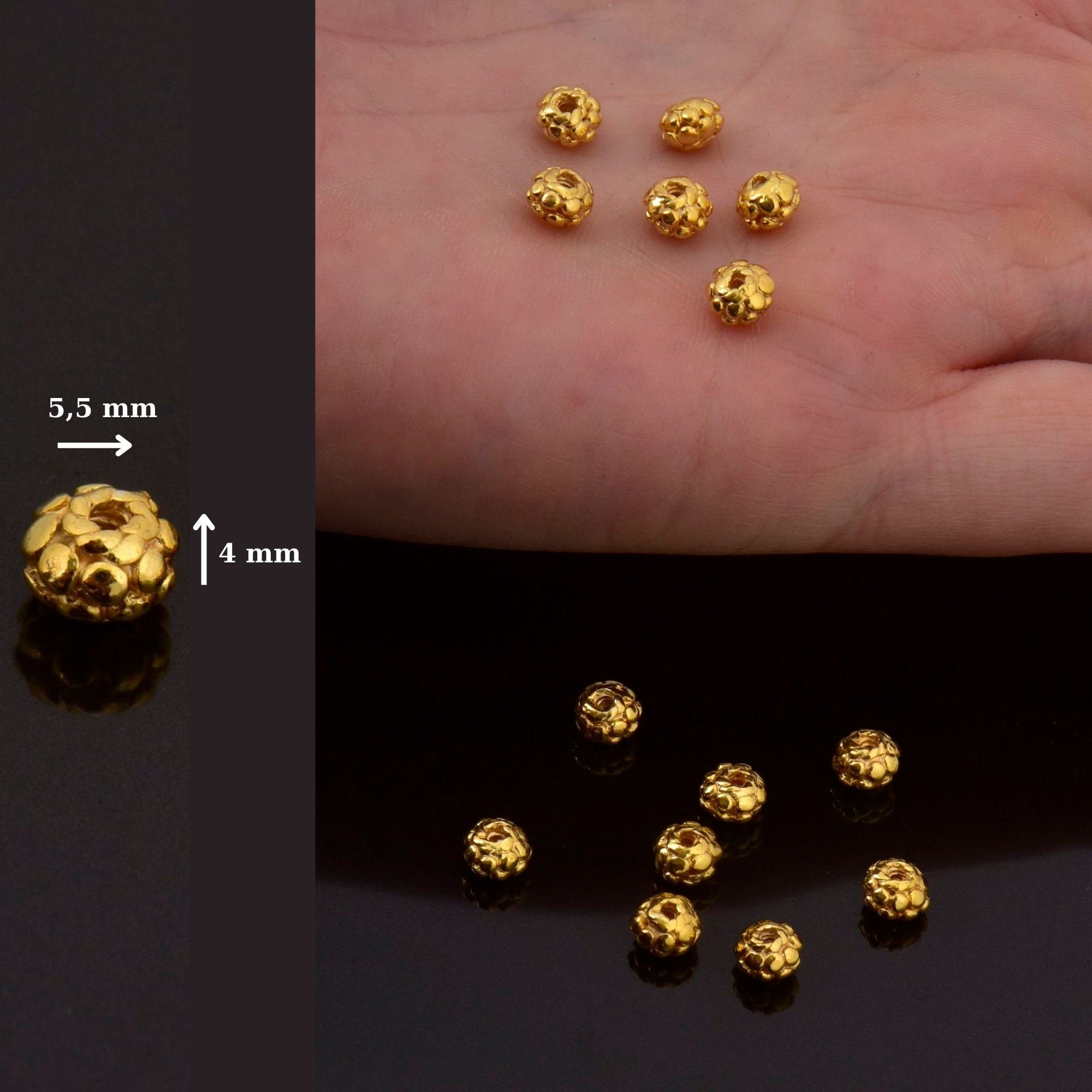24K Gold Vermeil and 925 Silver Filigree Beads, Handmade Silver Beads in Gold, Solid Silver Beads, Spacer Beads, Jewelry Supply, M/VM114