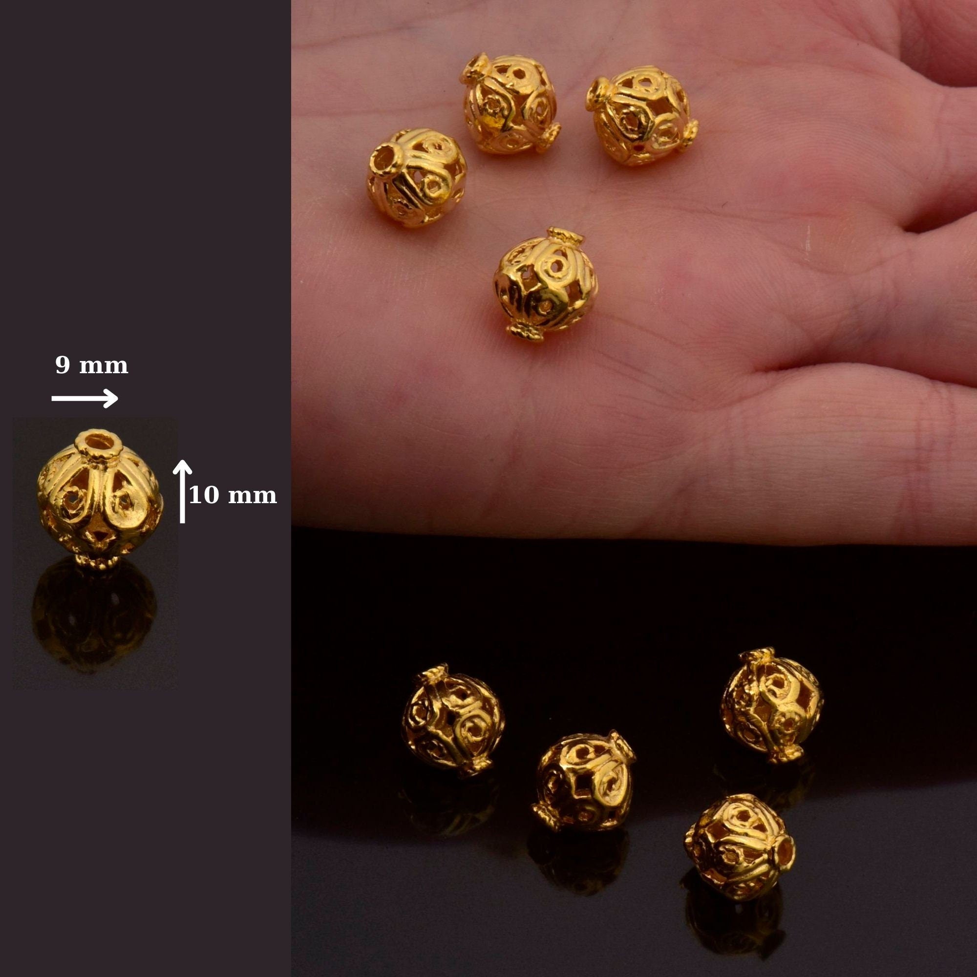 24K Gold Vermeil and 925 Silver Filigree Beads, Handmade Silver Beads in 24K Gold, Solid Silver Beads, Spacer Beads, Jewelry Supply, M/VM115