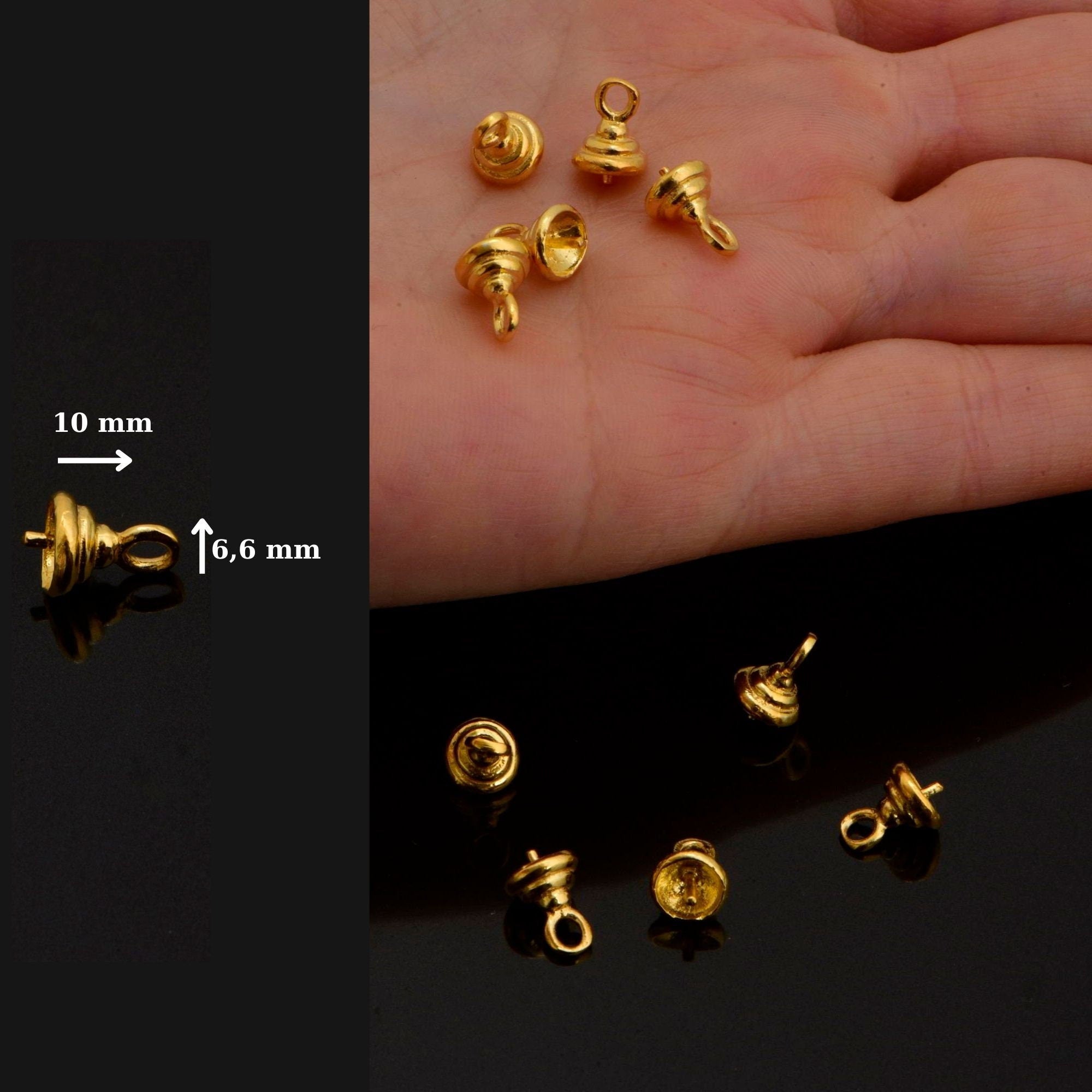 925 Sterling Silver and 24 K Gold Vermeil Peg Bail Hand Made Bead Caps for Half Drilled Beads, Jewelry Supplies, M/VM76