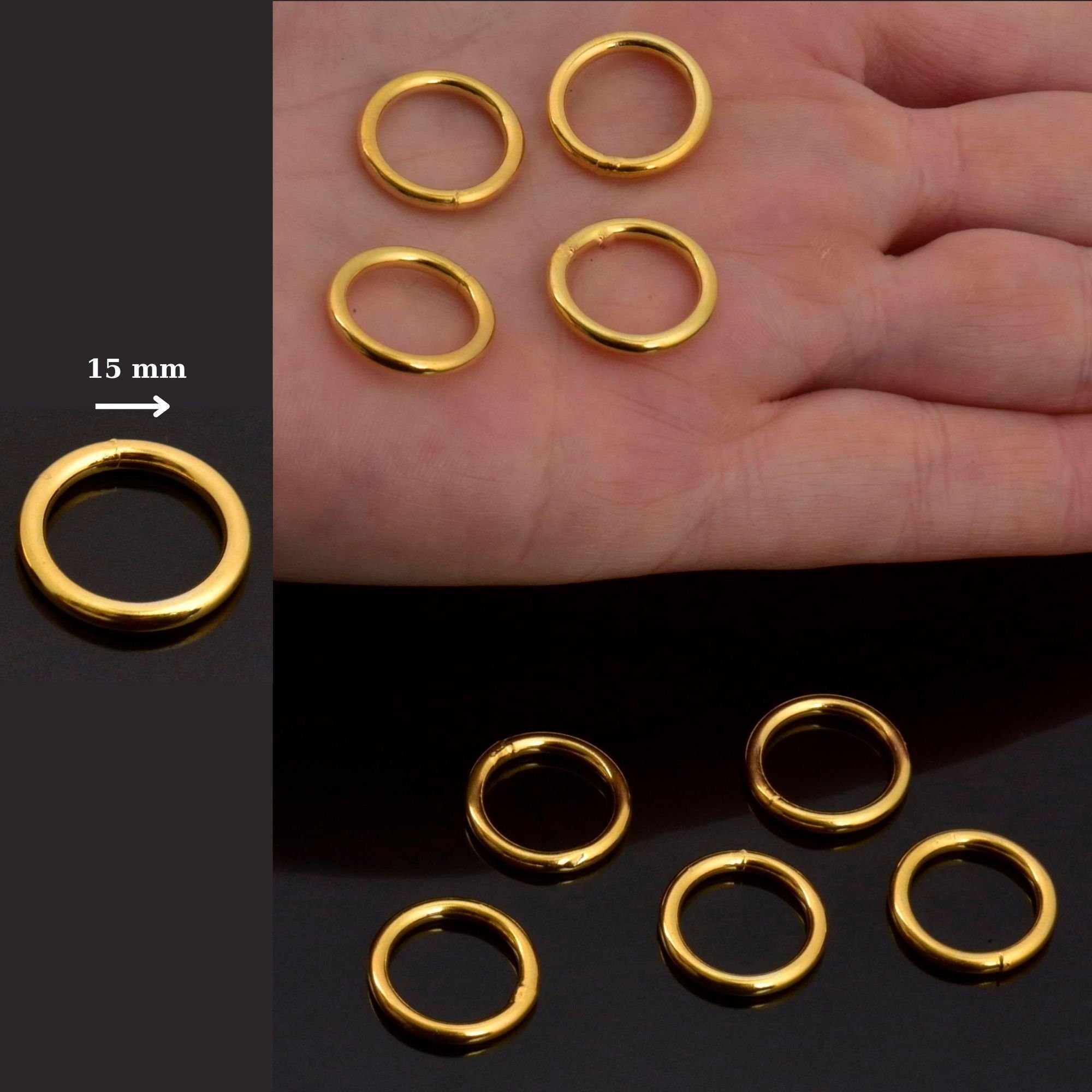 24K Gold Vermeil 15mm CLOSED and HOLLOW Jump Rings, 925 Sterling Silver Jump Rings, Jewelry Supplies, Findings, VM104C