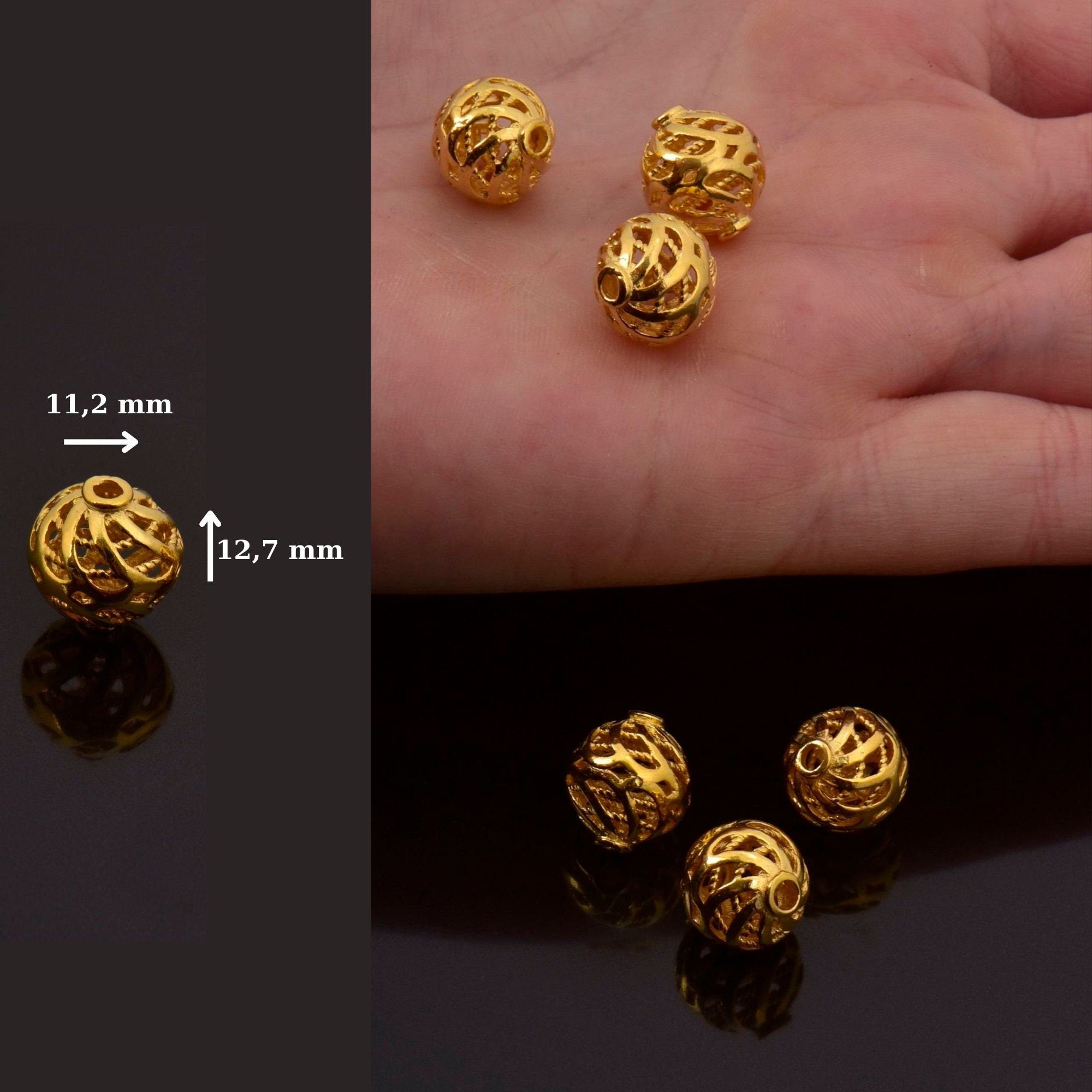 24K Gold Vermeil Filigree Beads, Handmade Silver Beads in 24K Gold, 925 Solid Silver Beads, Spacer Beads, Jewelry Supply, VM112