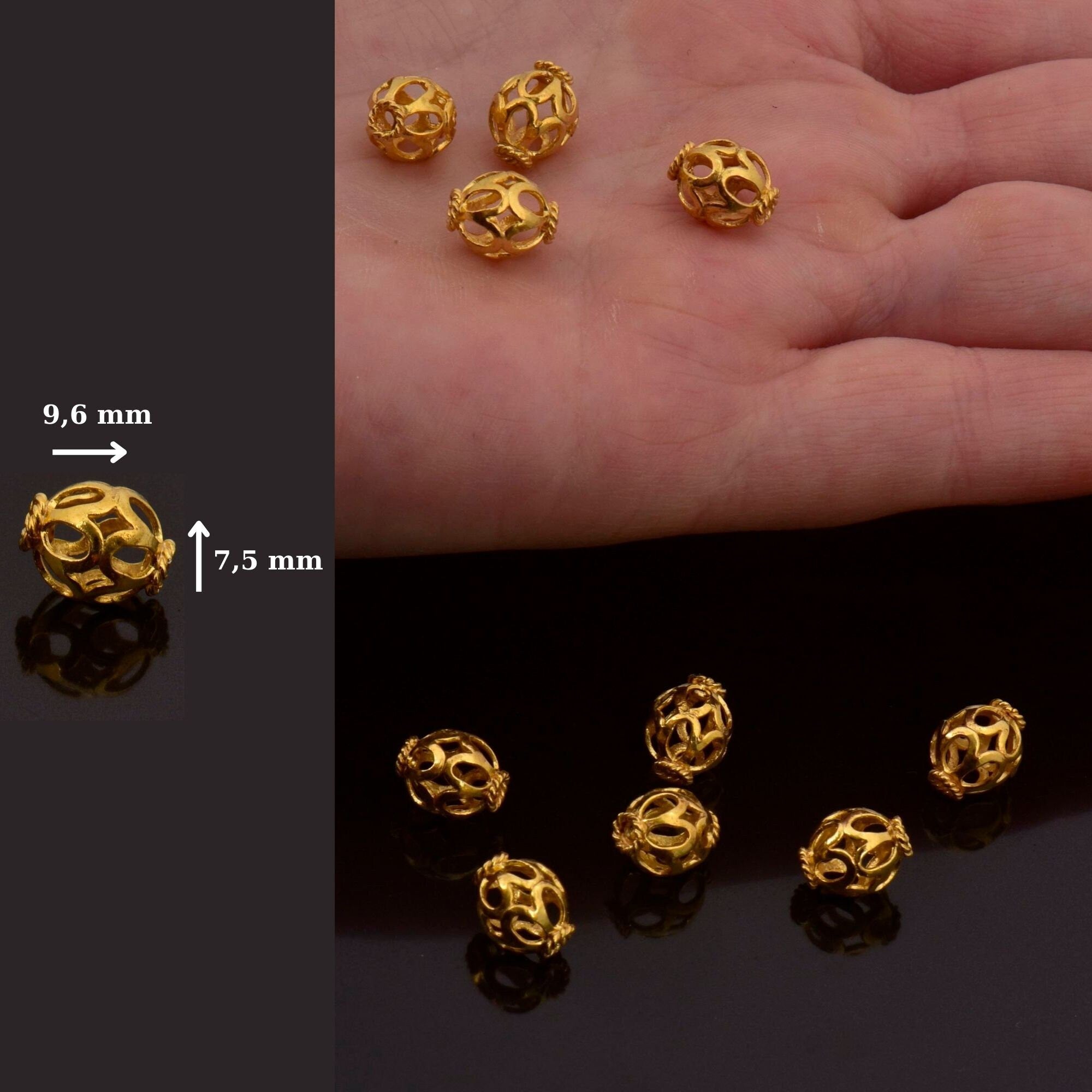 24K Gold Vermeil and 925 Silver Filigree Beads, Handmade Silver Beads in Gold, Solid Silver Beads, Spacer Beads, Jewelry Supply, M/VM113