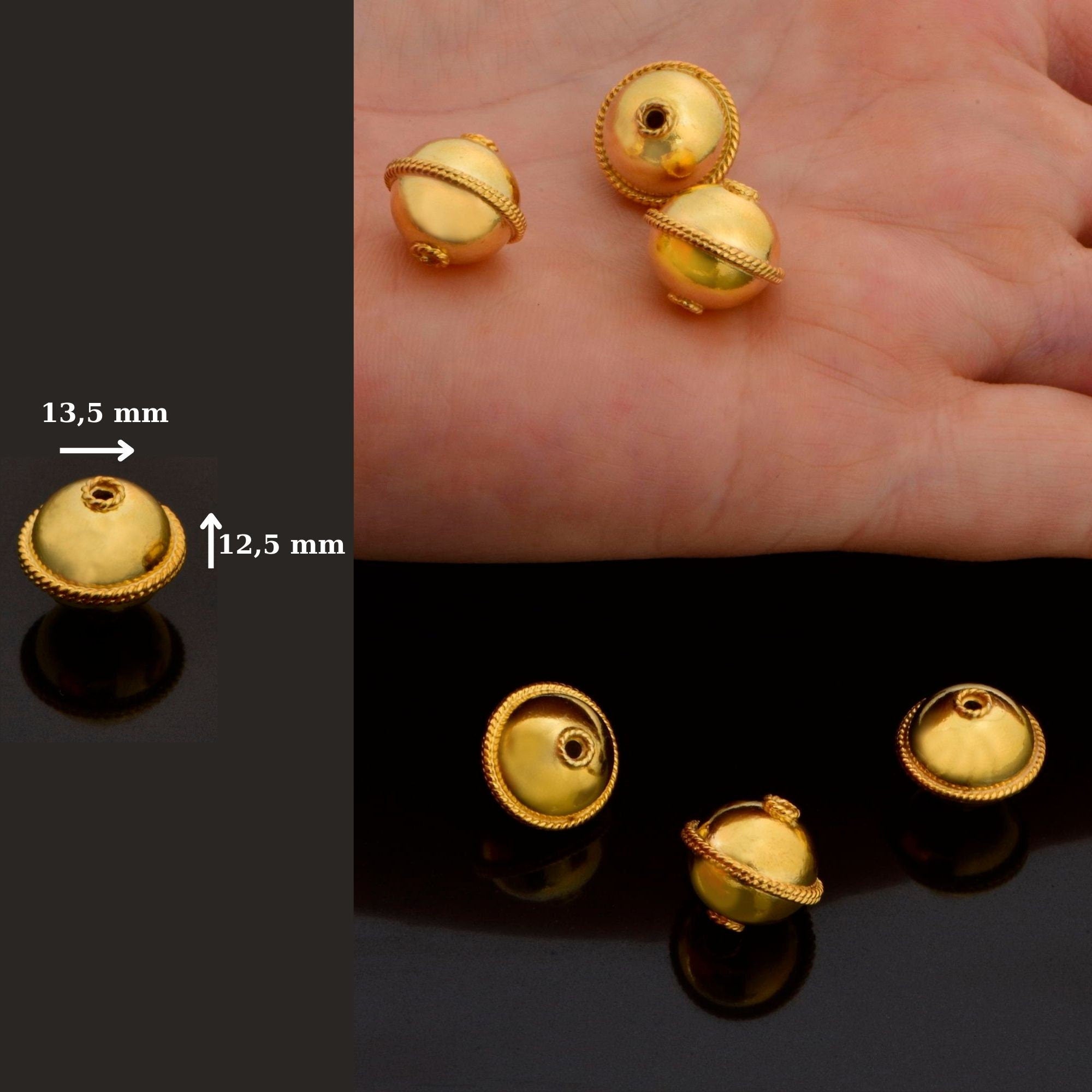 24K Gold Vermeil Flying Saucer Beads, Handmade Silver Beads in 24K Gold, 925 Solid Silver Beads, Handmade Beads ,Jewelry Supply, VM118C