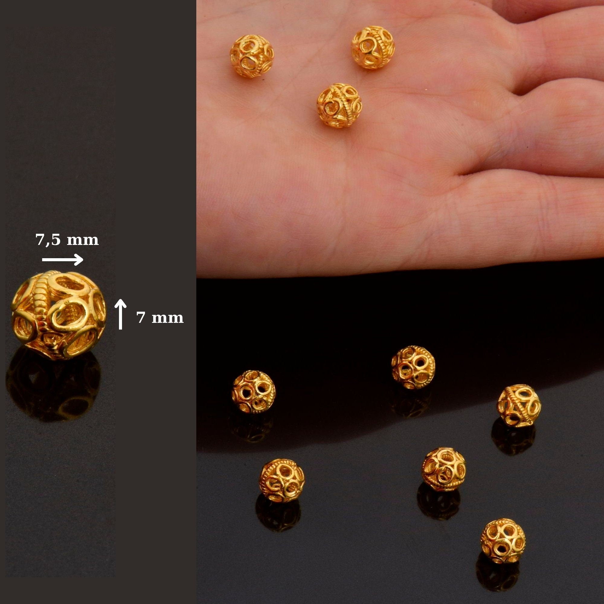 24K Gold Vermeil Filigree Beads, Handmade Silver Beads in 24K Gold, 925 Solid Silver Beads, Spacer Beads, Jewelry Supply, VM121B