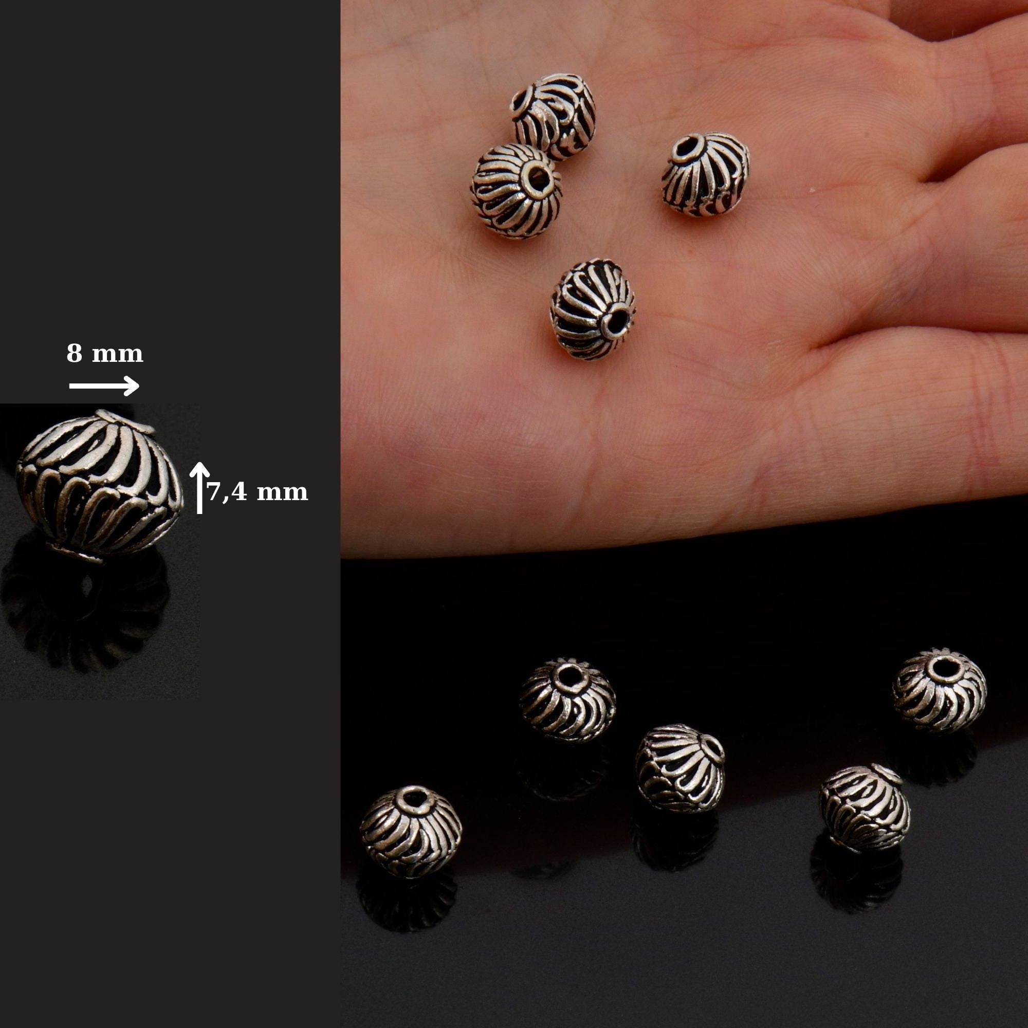 925 Sterling Silver Striated Bicone Beads, Handmade Silver Beads, 925 Solid Silver Beads, Spacer Beads, Jewelry Supply, M1177D