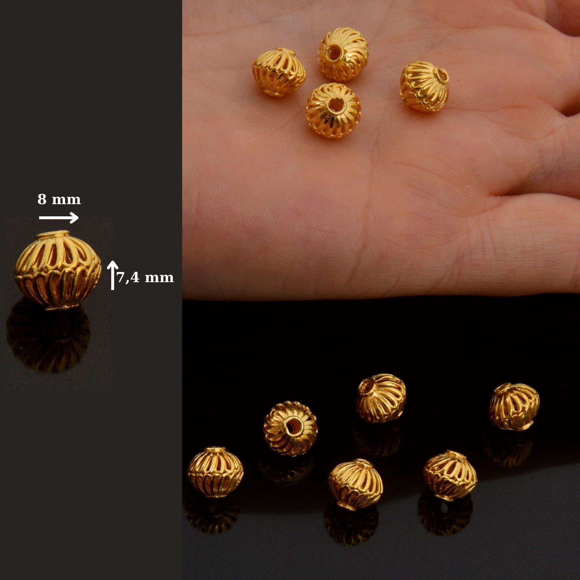 24K Gold Vermeil Striated Bicone Beads, Handmade Silver Beads in 24K Gold, 925 Solid Silver Beads, Spacer Beads, Jewelry Supply, VM117D