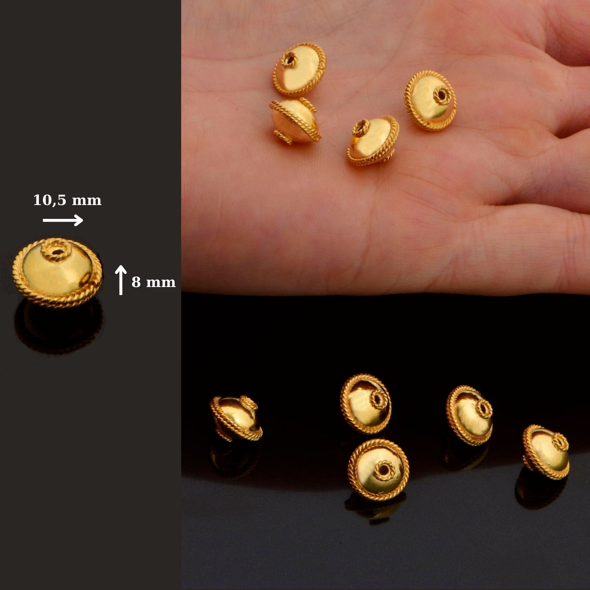 24K Gold Vermeil Flying Saucer Beads, Handmade Silver Beads in 24K Gold, 925 Solid Silver Beads, Handmade Beads, Jewelry Supply, VM118B