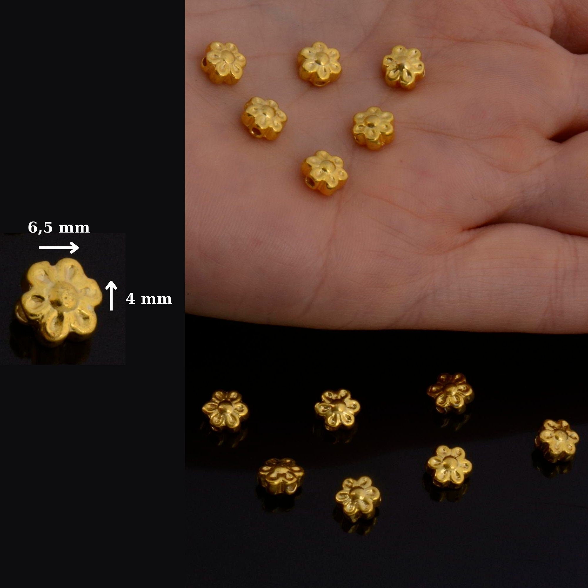 24K Gold Vermeil Flower Beads, Handmade 925 Silver Floral Beads in Gold, Gold Spacer Beads, Jewelry Supply, VM142