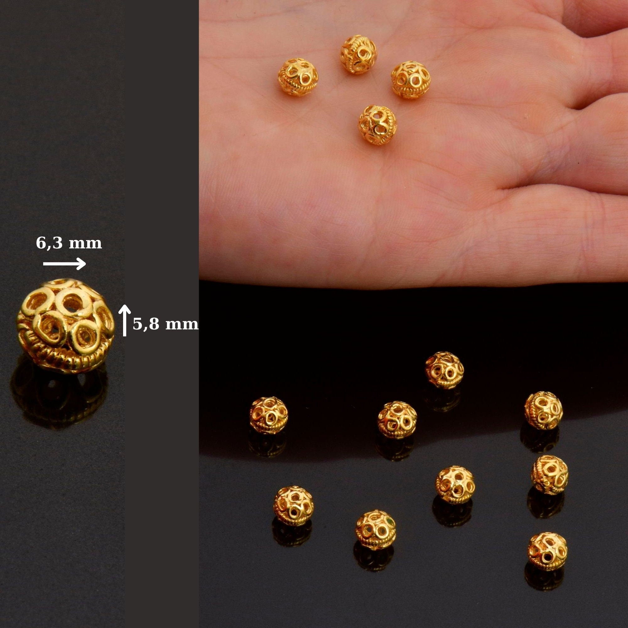 24K Gold Vermeil Filigree Beads, Handmade Silver Beads in 24K Gold, 925 Solid Silver Beads, Spacer Beads, Jewelry Supply, VM121A