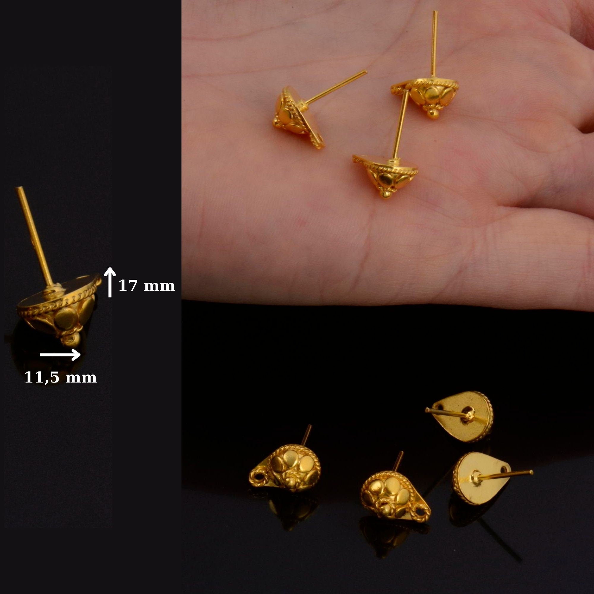 24K Gold Vermeil and 925 Silver Ear Post, Solid Silver Earring Studs with Loop, Gold Plated Earring Posts, Jewelry Making Findings, M/VM136