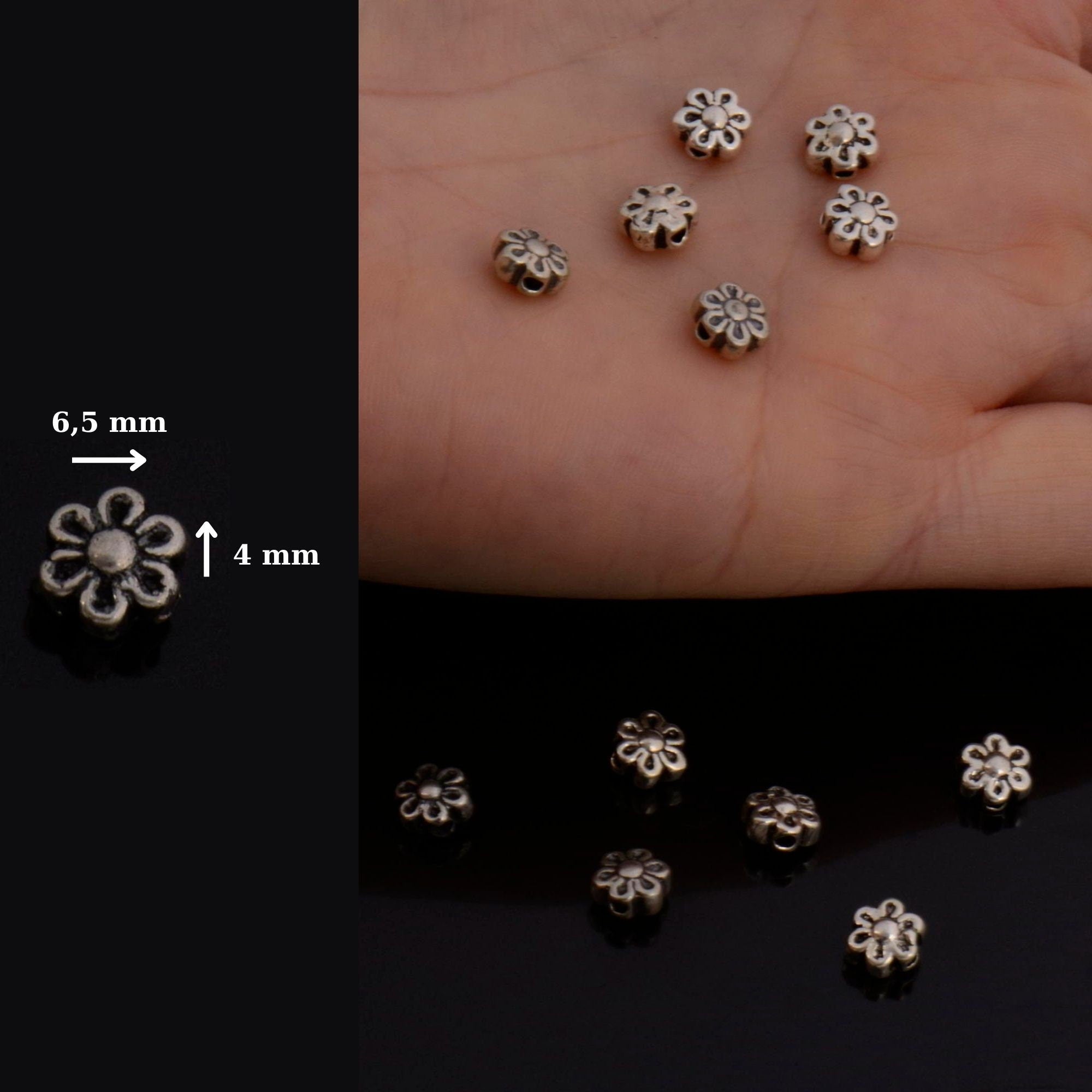 925 Sterling Silver Flower Beads, Handmade Silver Spacer Beads, Solid Silver floral Beads, Jewelry Supply, M142