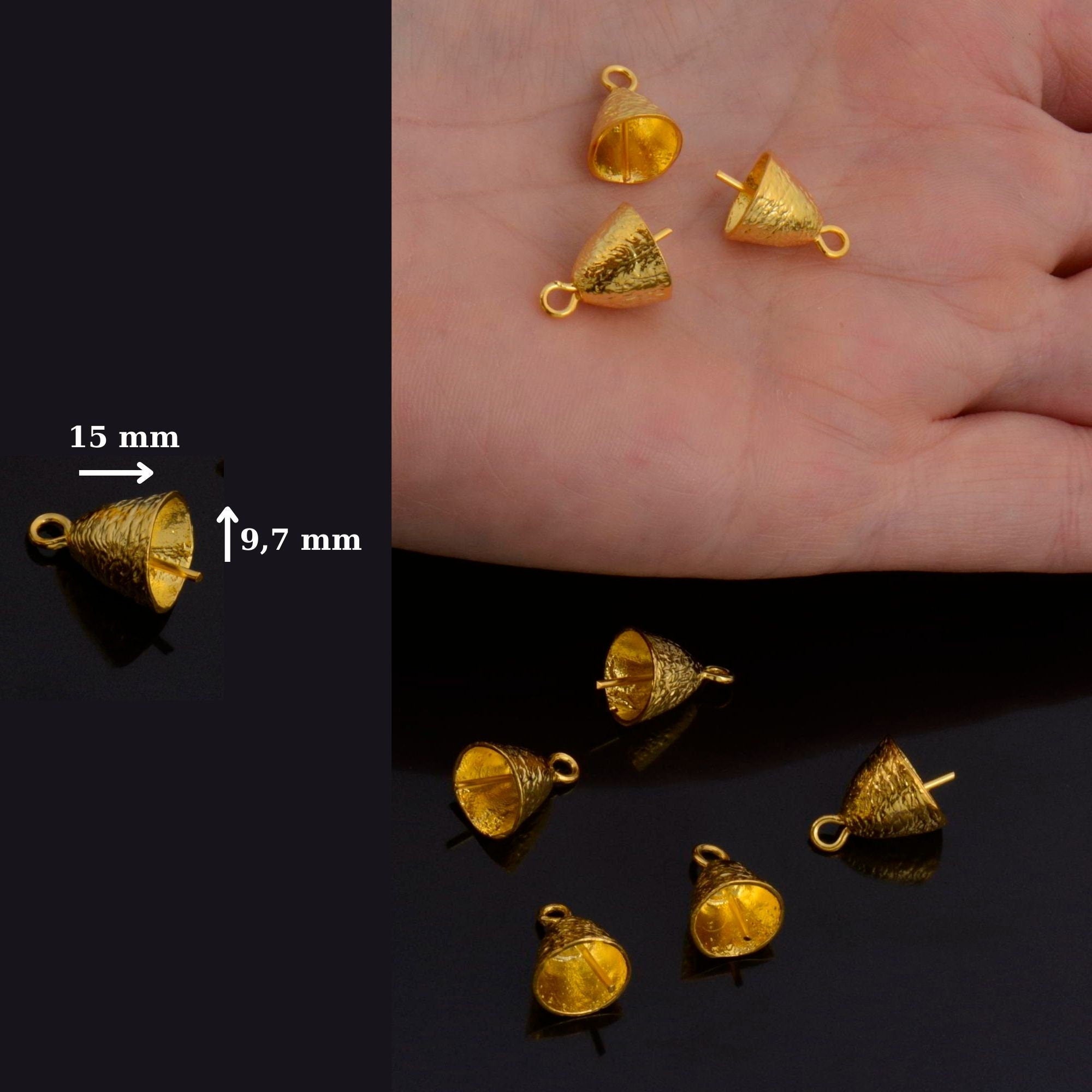 24K Gold Vermeil Peg Bail Hand Made Bead Caps for Half Drilled Beads, 925 Silver Bead Caps in 24K Gold, Jewelry Supplies, S67V