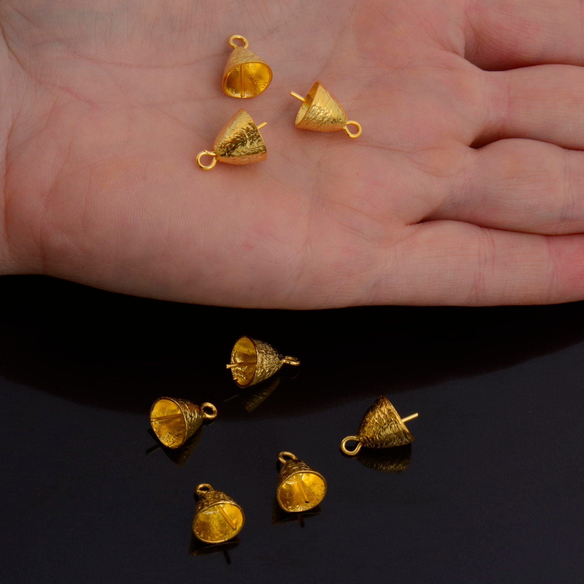 24K Gold Vermeil Peg Bail Hand Made Bead Caps for Half Drilled Beads, 925 Silver Bead Caps in 24K Gold, Jewelry Supplies, S67V