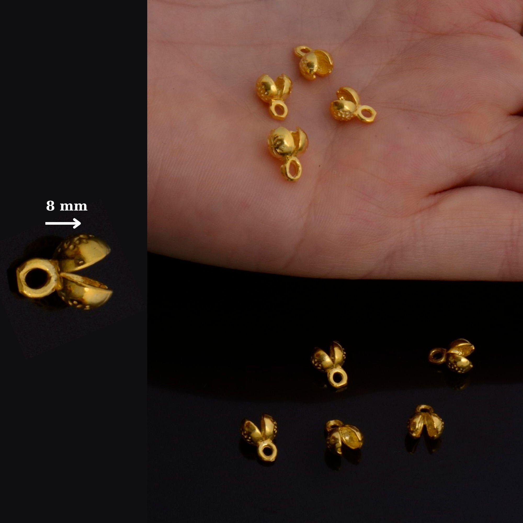 24K Gold End Knot Cover, Gold Plated Large Crimp Cover, Gold on Ag 925 End Clamshell knot cover For Jewelry Making, VM146