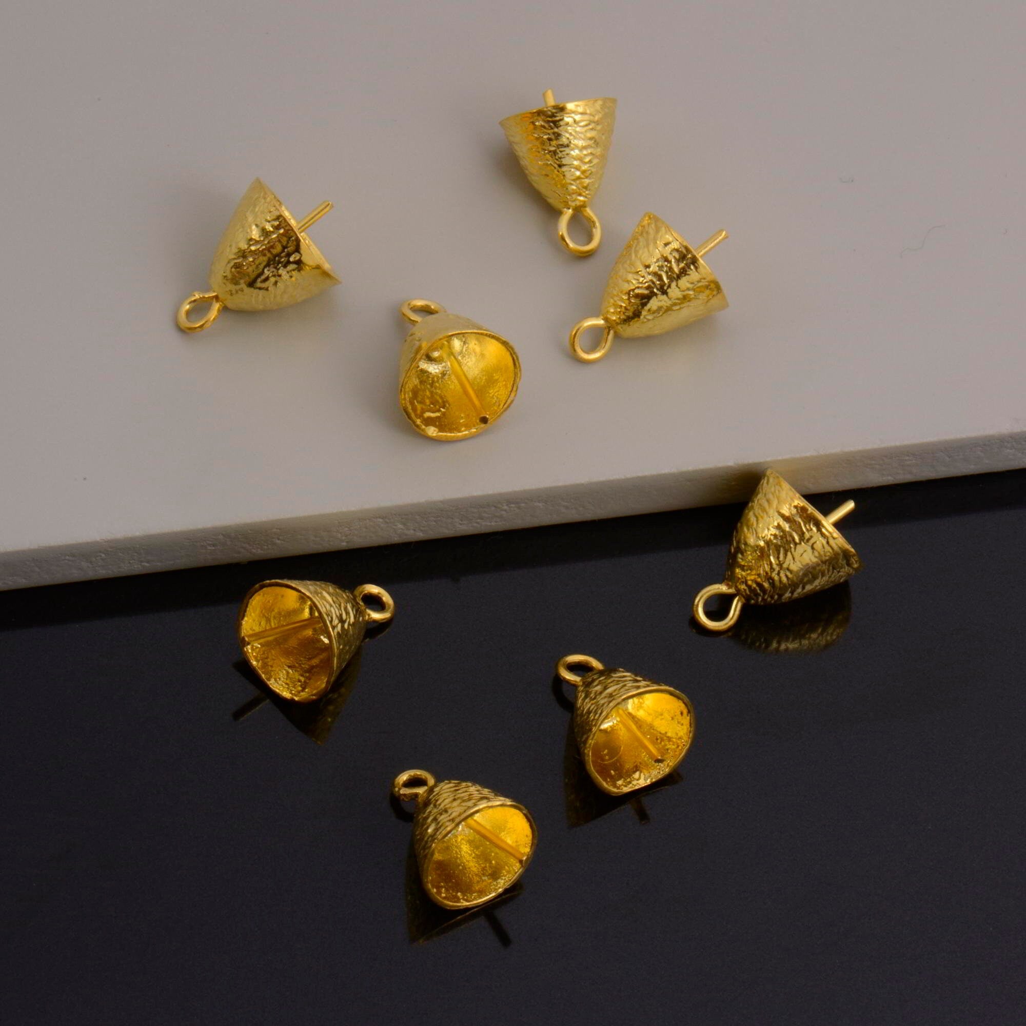 24K Gold Vermeil Peg Bail Hand Made Bead Caps for Half Drilled Beads, 925 Silver Bead Caps in 24K Gold, Jewelry Supplies, S67V