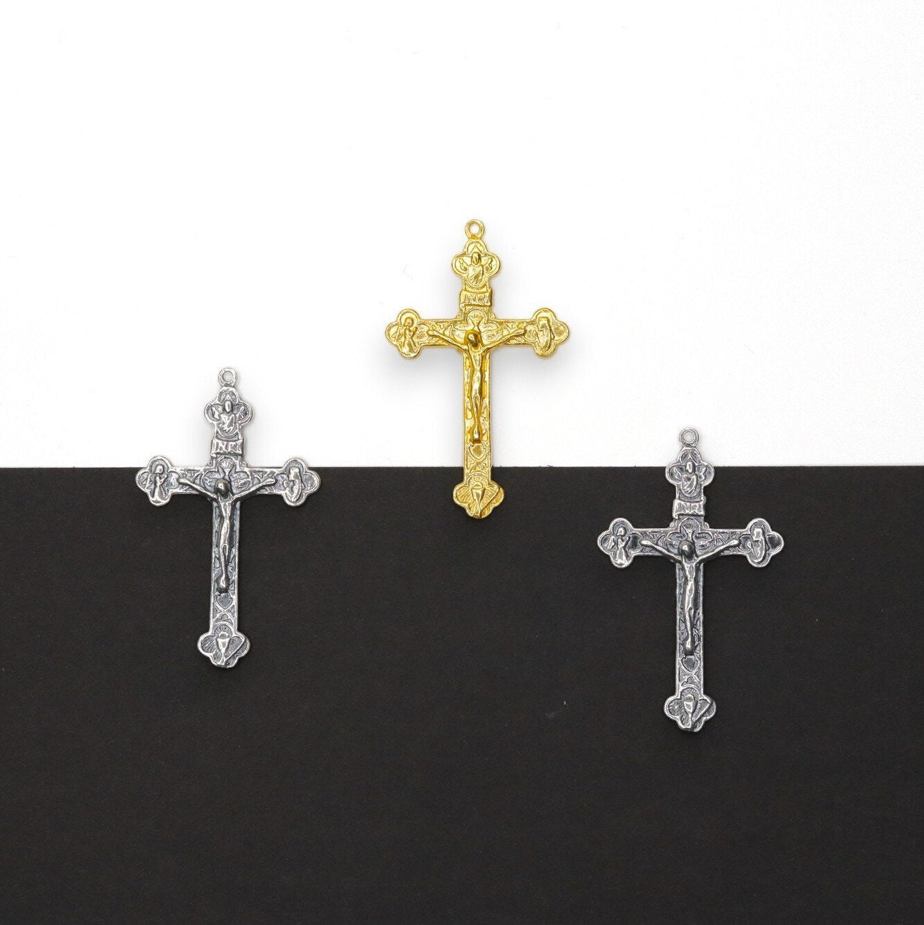 925 Sterling Silver & 24K Gold Vermeil Tertium Millenium Crucifix, Rosary cross, Jewelry Making Supply, R5-RV5