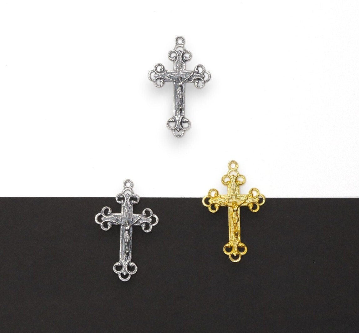 925 Sterling Silver & 24K Gold Vermeil Open Work Art Nouveau Crucifix, Rosary Cross, Making Supply, R2-RV2