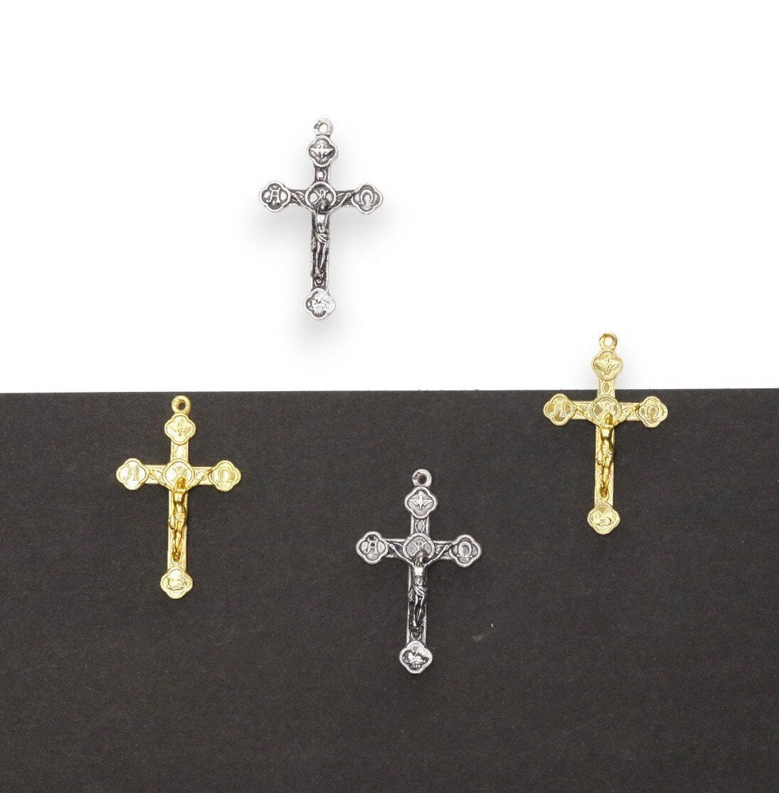 925 Sterling Silver and 24K Gold Vermeil Alpha & Omega, Holy Spirit, Agnus Dei Crucifix, Pendant Cross, Jewelry Making Supply, R4P-RV4P
