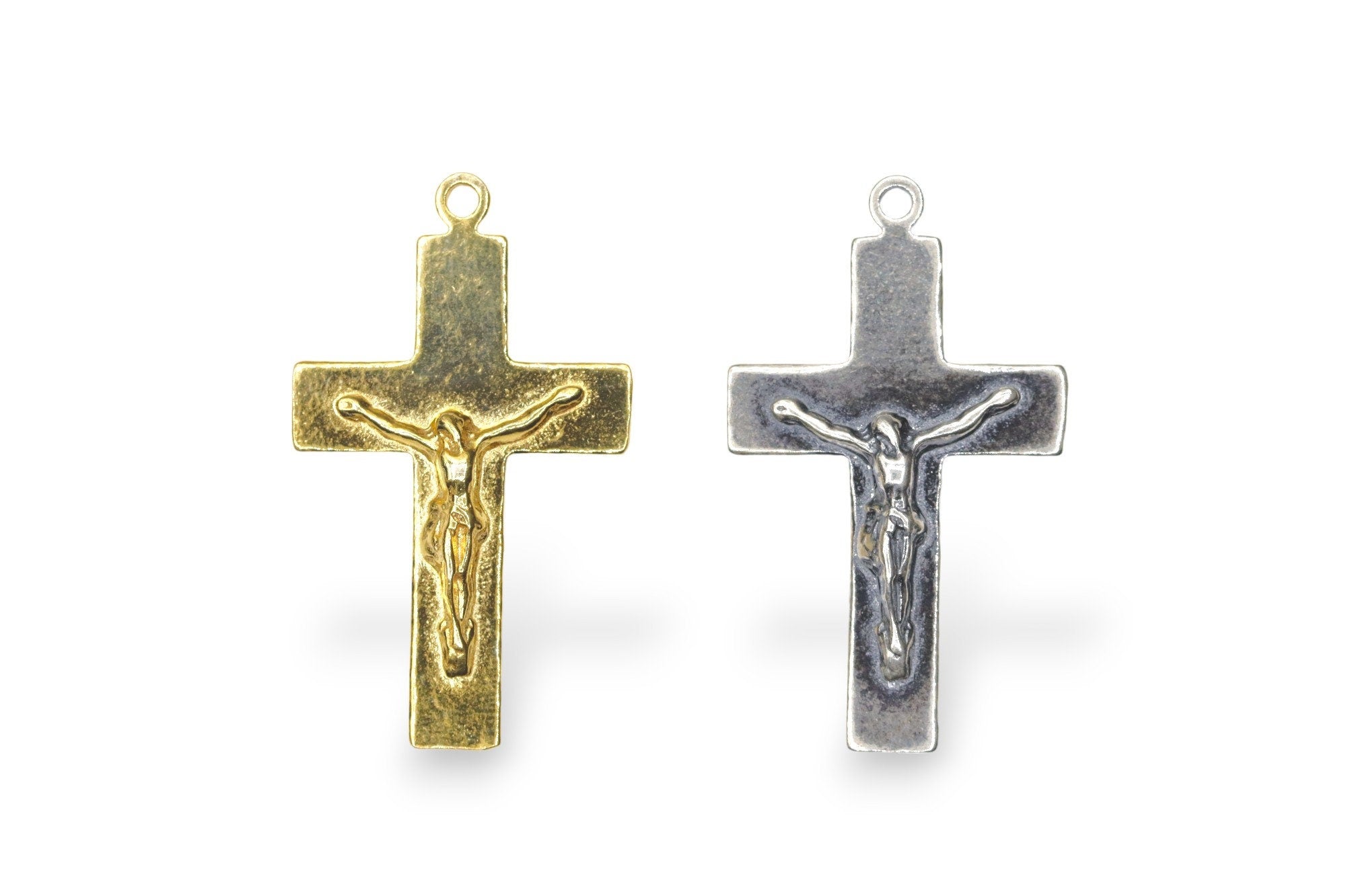 925 Sterling Silver & 24K Gold Vermeil Plain Sober, Striated Crucifix, Pendant, Jewelry Making Supply, R11P-RV11P