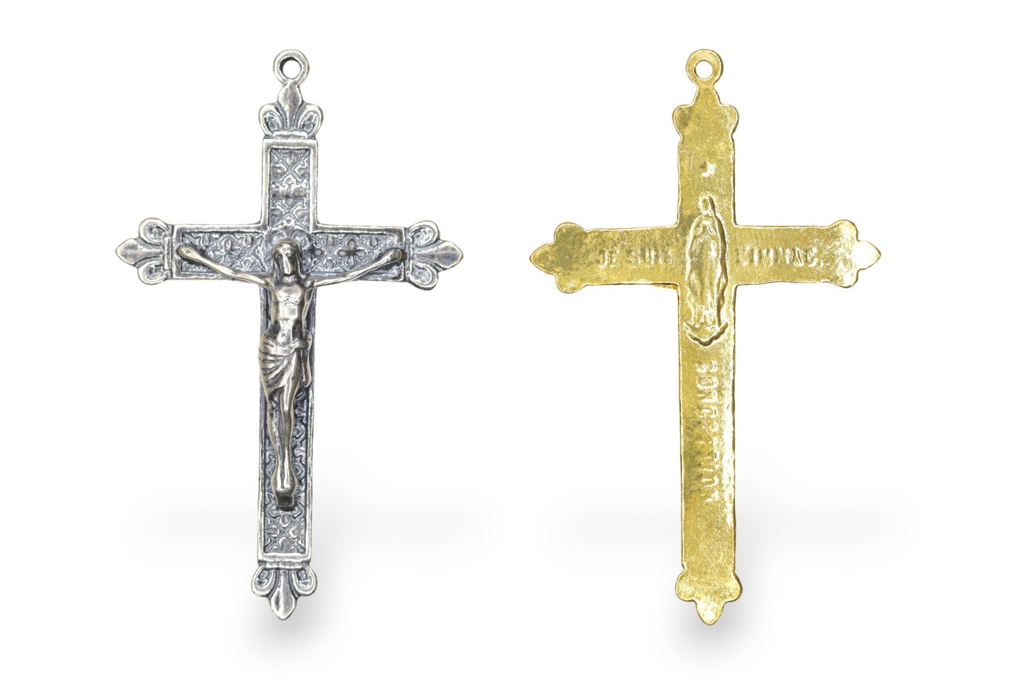 925 Sterling Silver & 24K Gold Vermeil Immaculate Conception Crucifix with Fleur de Lys, 2 sided Rosary Cross, Jewelry Supply, R12-RV12