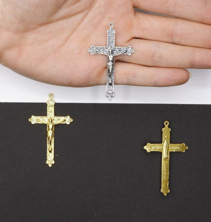 925 Sterling Silver & 24K Gold Vermeil Immaculate Conception Crucifix with Fleur de Lys, 2 sided Rosary Cross, Jewelry Supply, R12-RV12