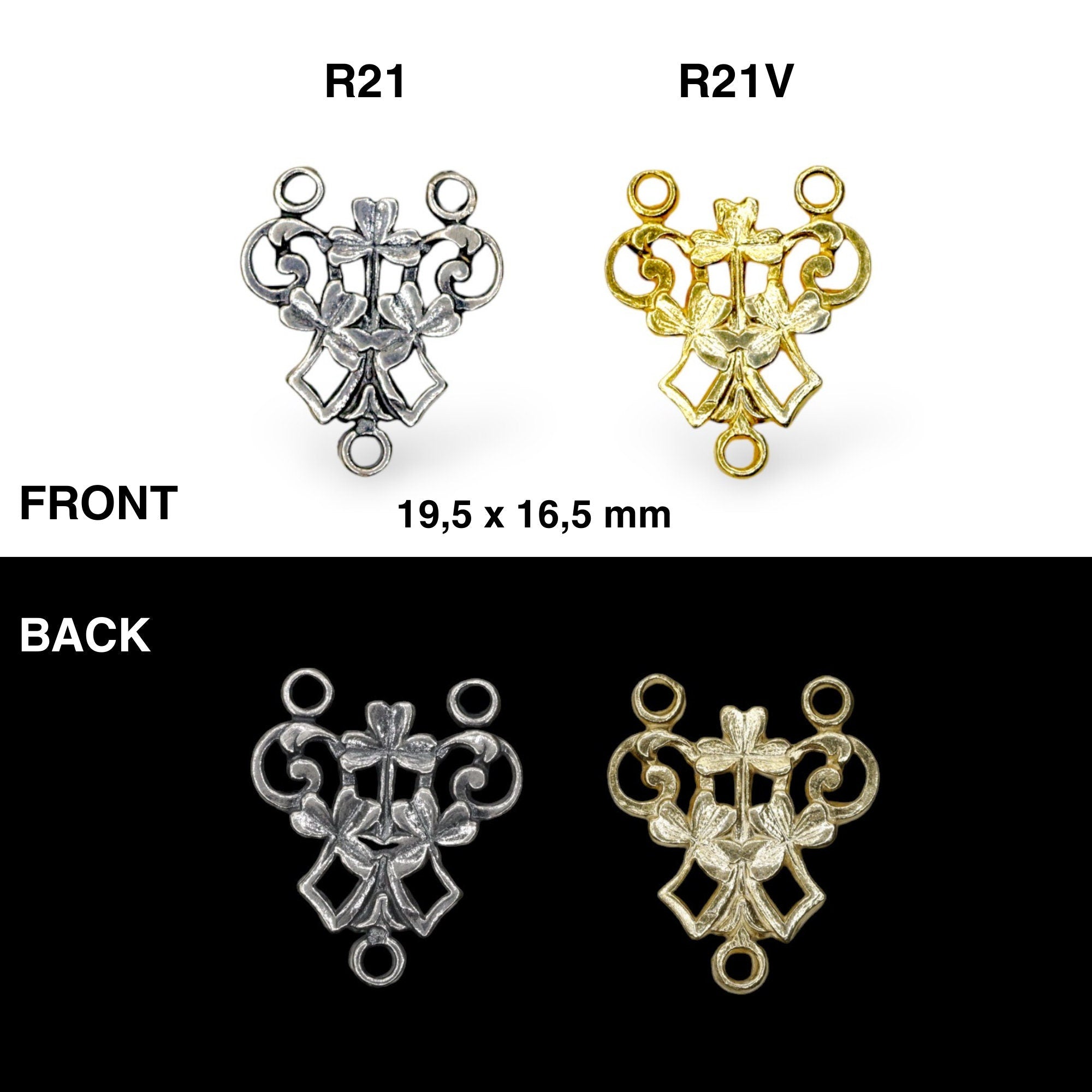 925 Sterling Silver & 24K Gold Vermeil Art Nouveau plain Rosary Center with Shamrock, Jewelry Supply R21-RV21