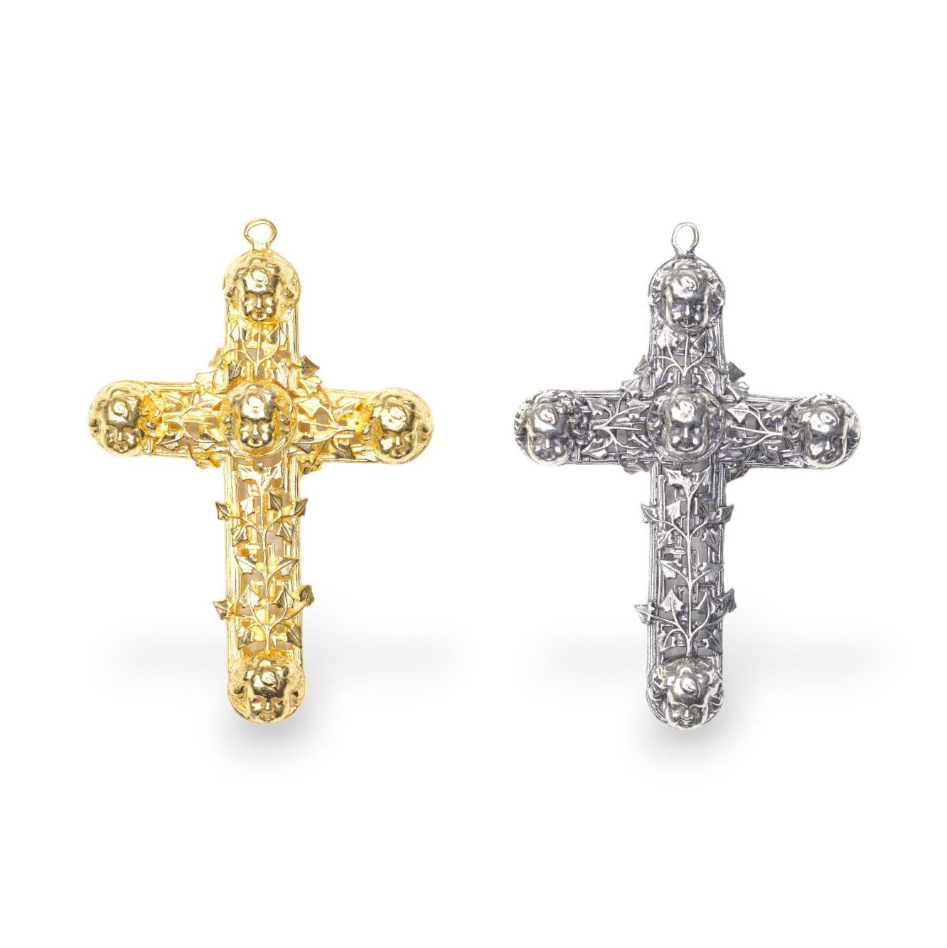 Large 925 Sterling Silver & 24K Gold Vermeil Filigree Angel Head Cross, Pectoral Pendant – Art Nouveau – Rare, Jewelry Supply, R14-RV14