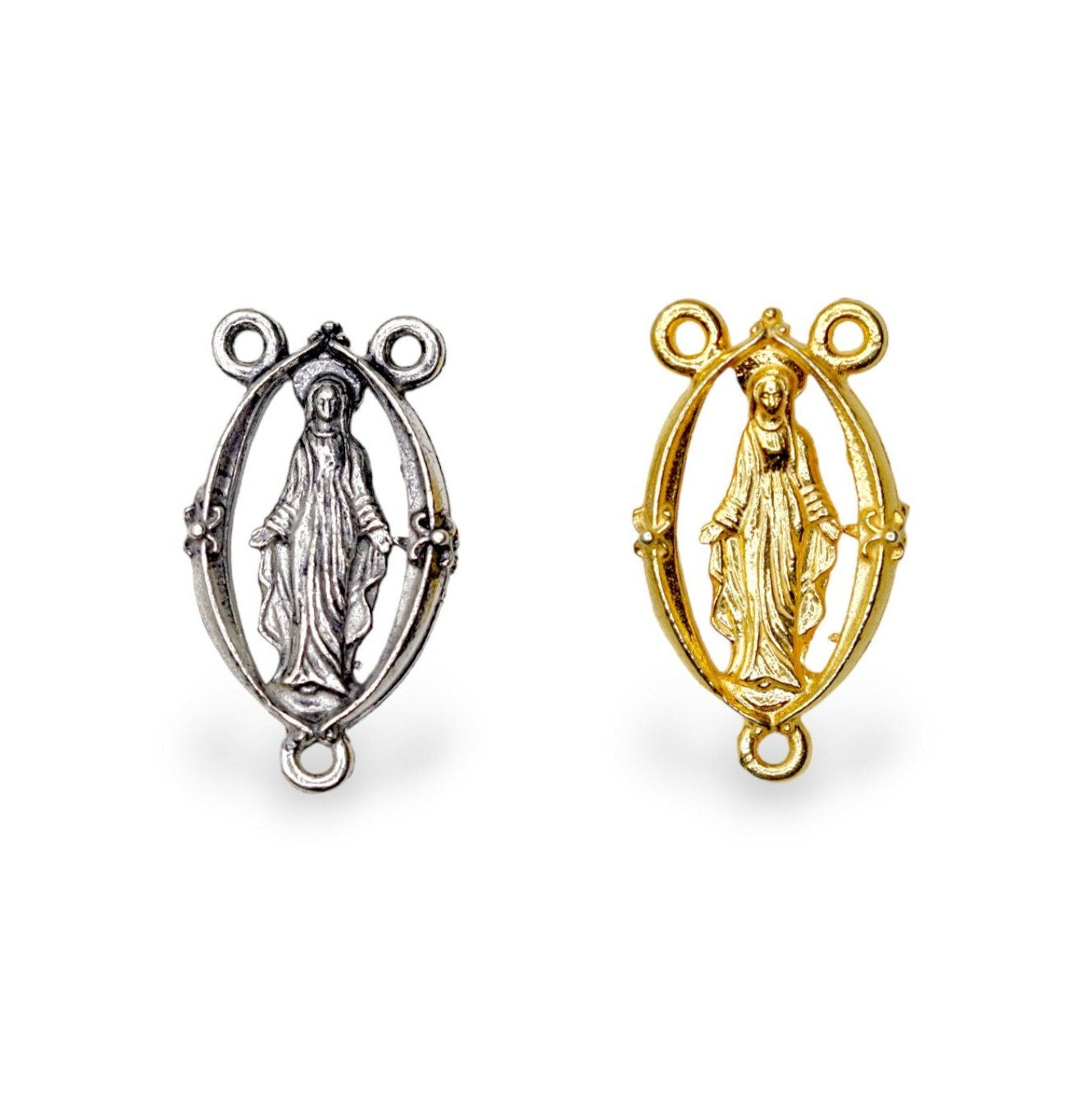 925 Sterling Silver & 24K Gold Vermeil Rosary Center, Miraculous Virgin Rosary Center - Open Work, Jewelry Supply, R17b-RV17b