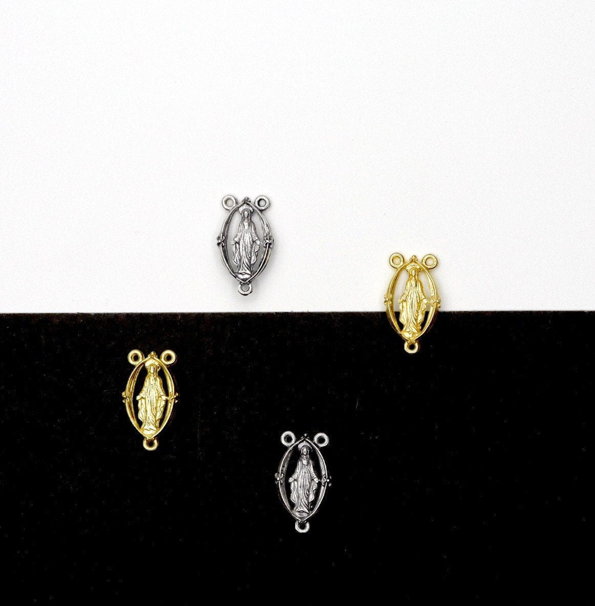 925 Sterling Silver & 24K Gold Vermeil Rosary Center, Miraculous Virgin Rosary Center - Open Work, Jewelry Supply, R17b-RV17b