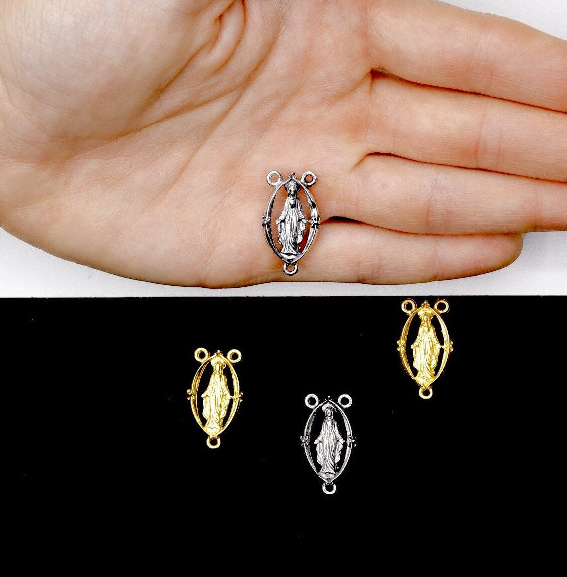 925 Sterling Silver & 24K Gold Vermeil Rosary Center, Miraculous Virgin Rosary Center - Open Work, Jewelry Supply, R17b-RV17b
